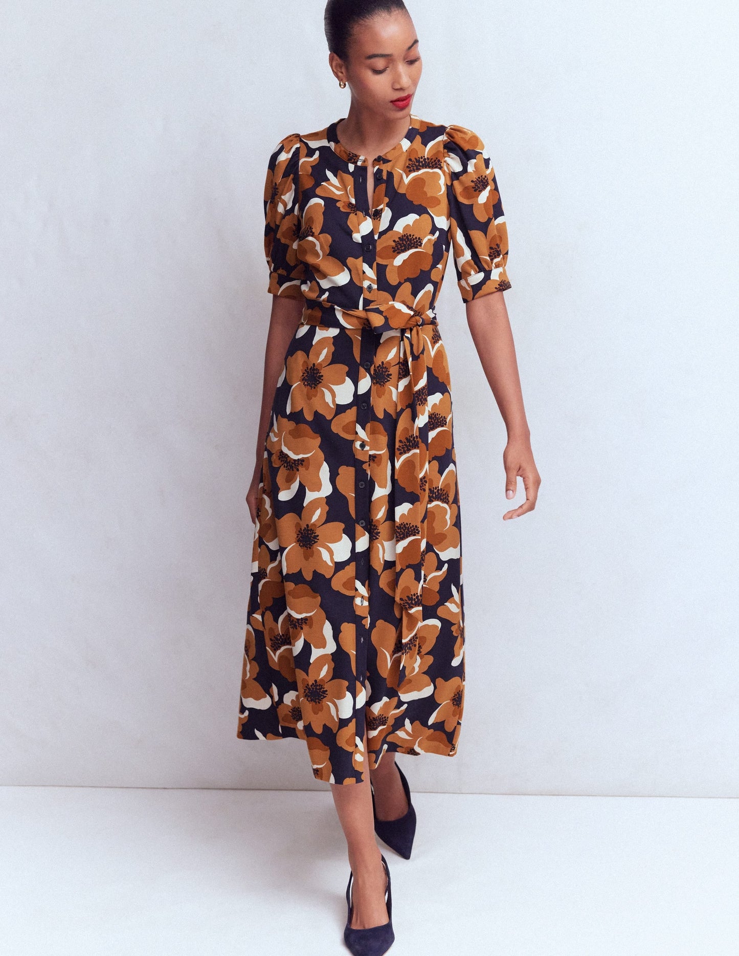 Puff Sleeve Ponte Shirt Dress-French Navy, Flowering Garden