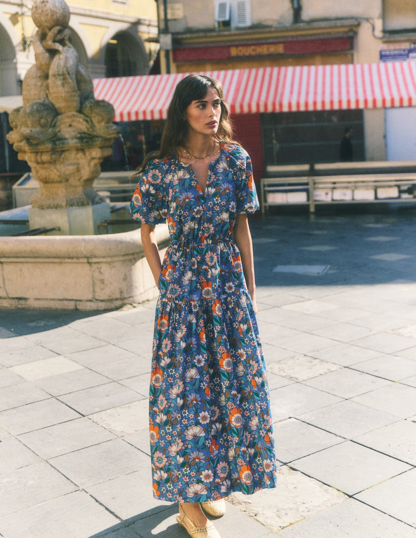 Draw Waist Cotton Dress-Multi, Floral Field