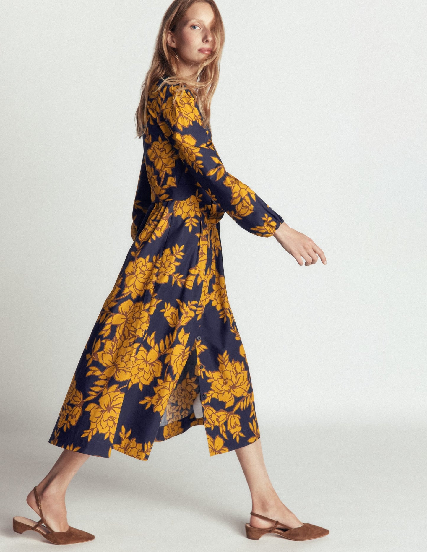 Nicola Cotton Midi Dress-Gold Wheat, Enchanted Peony