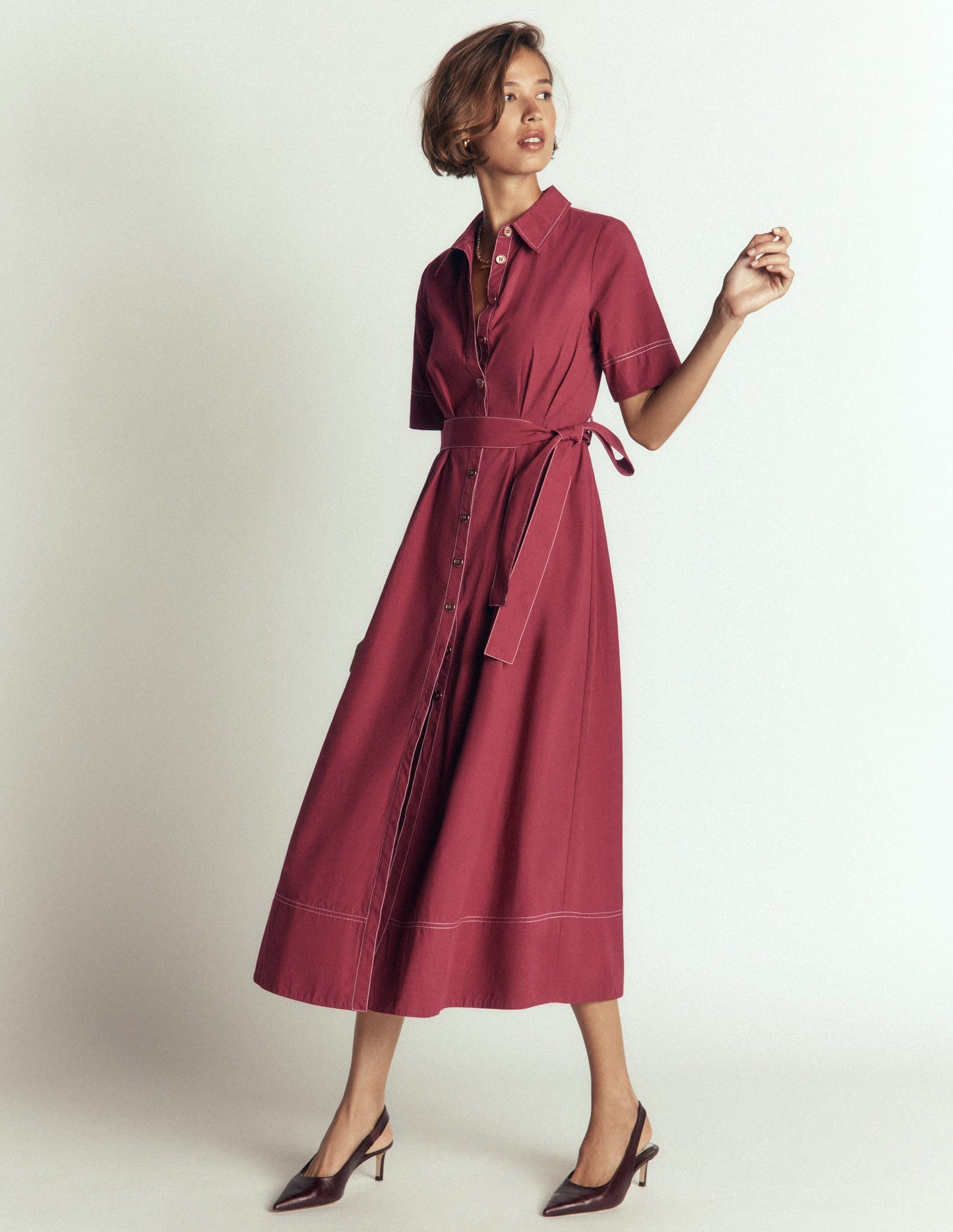 Sarah Cotton Midi Shirt Dress-Rich Chestnut