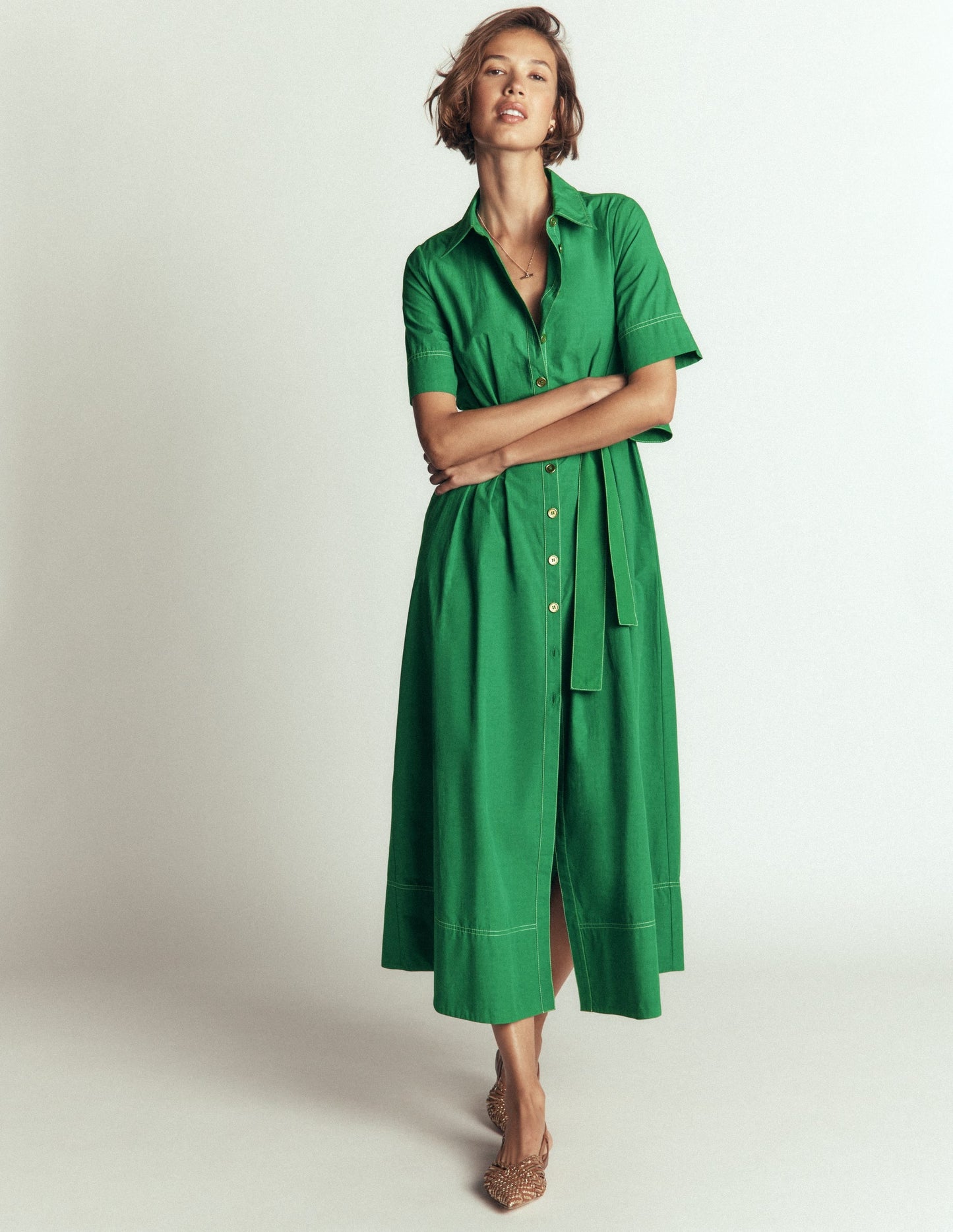 Sarah Cotton Midi Shirt Dress-Fresh Green