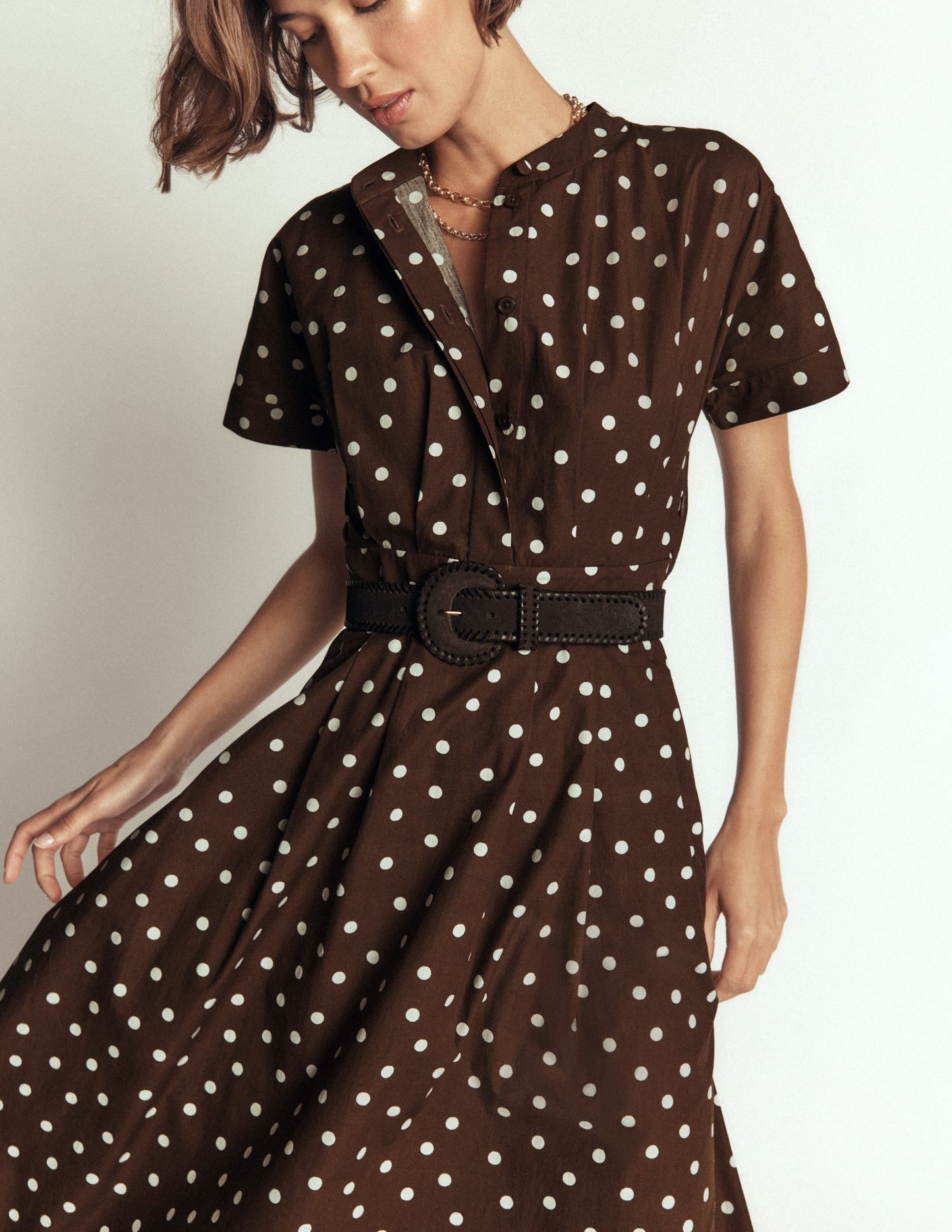 Grown On Sleeve Midi Dress-Raw Umber, Painted Dot Spaced