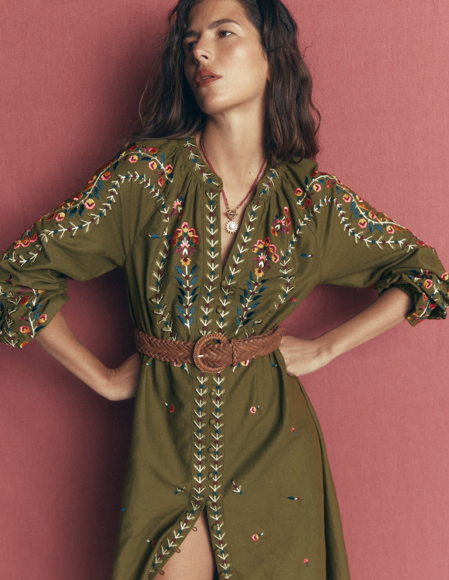Embroidered Linen Dress-Woodland Green, Embroidery