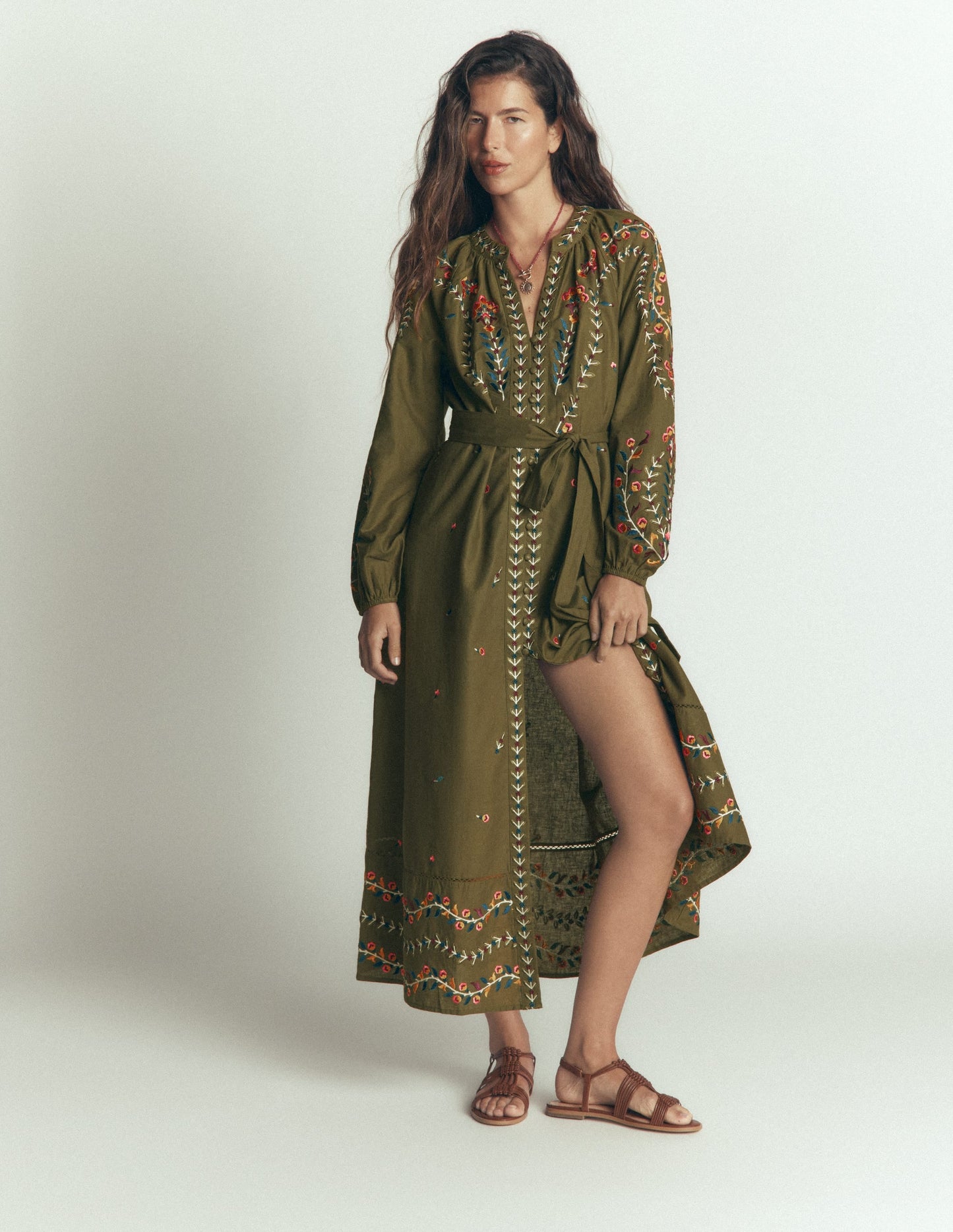 Embroidered Linen Dress-Woodland Green, Embroidery