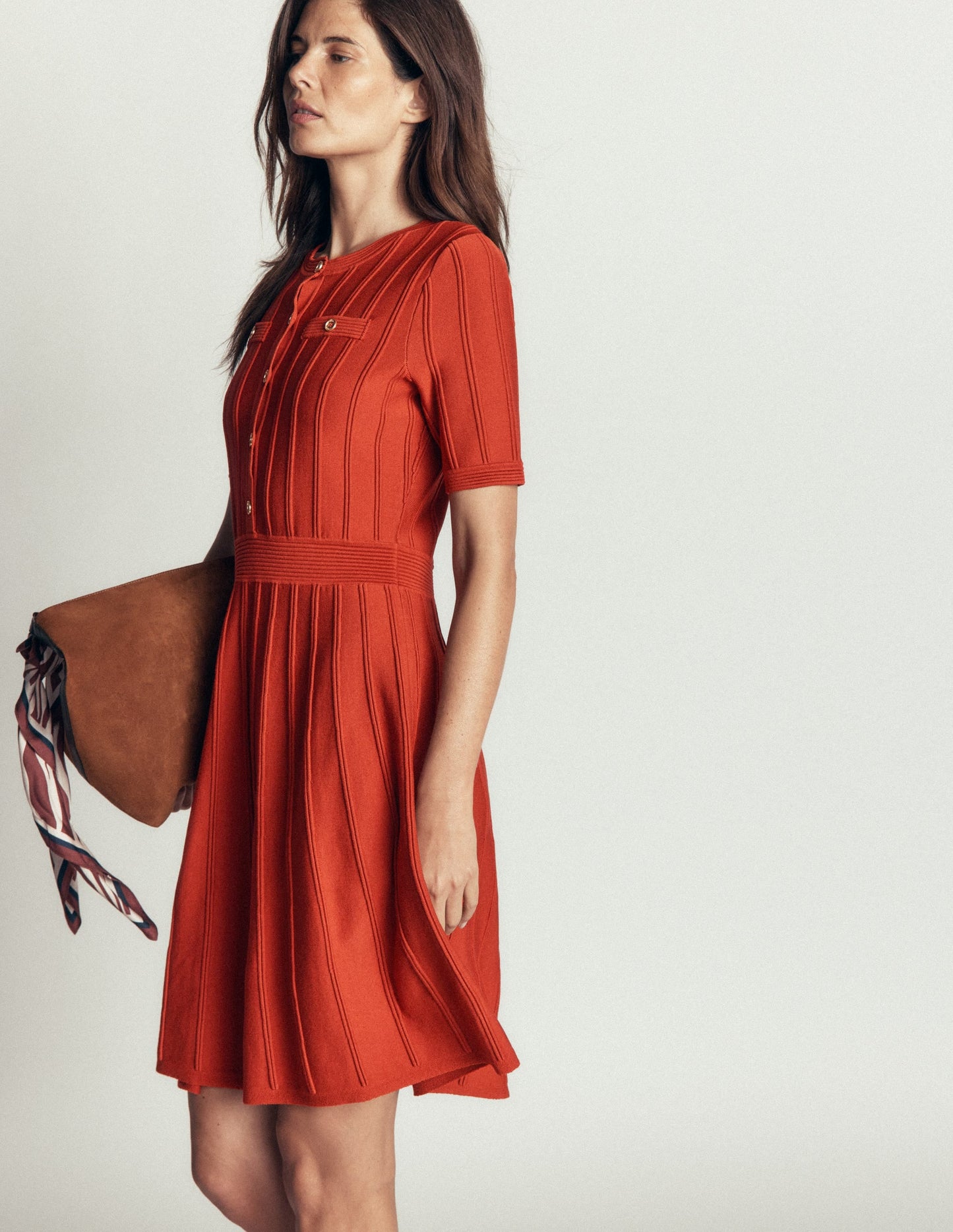 Button Front Stitch Dress-Burnt Orange