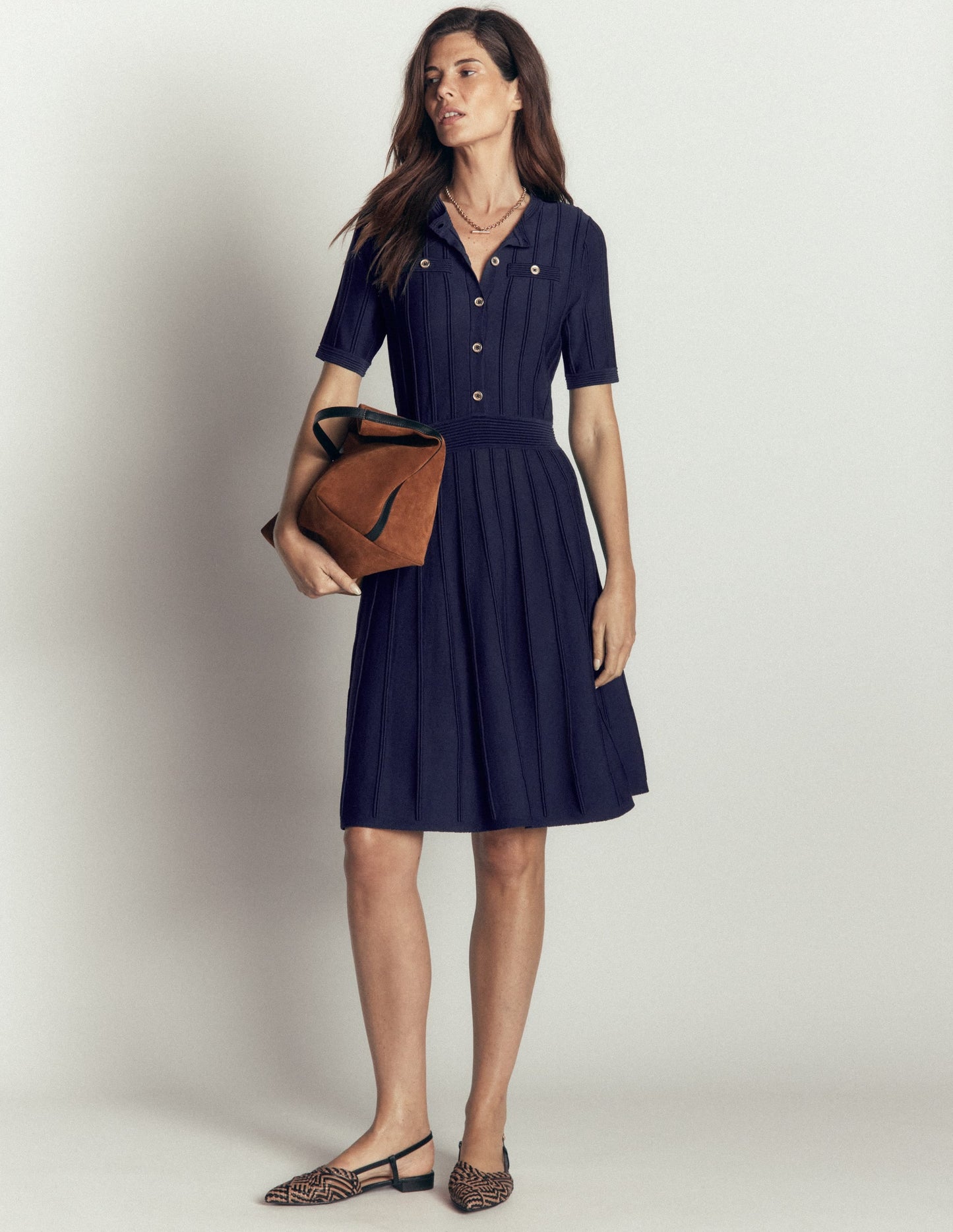 Button Front Stitch Dress-Navy