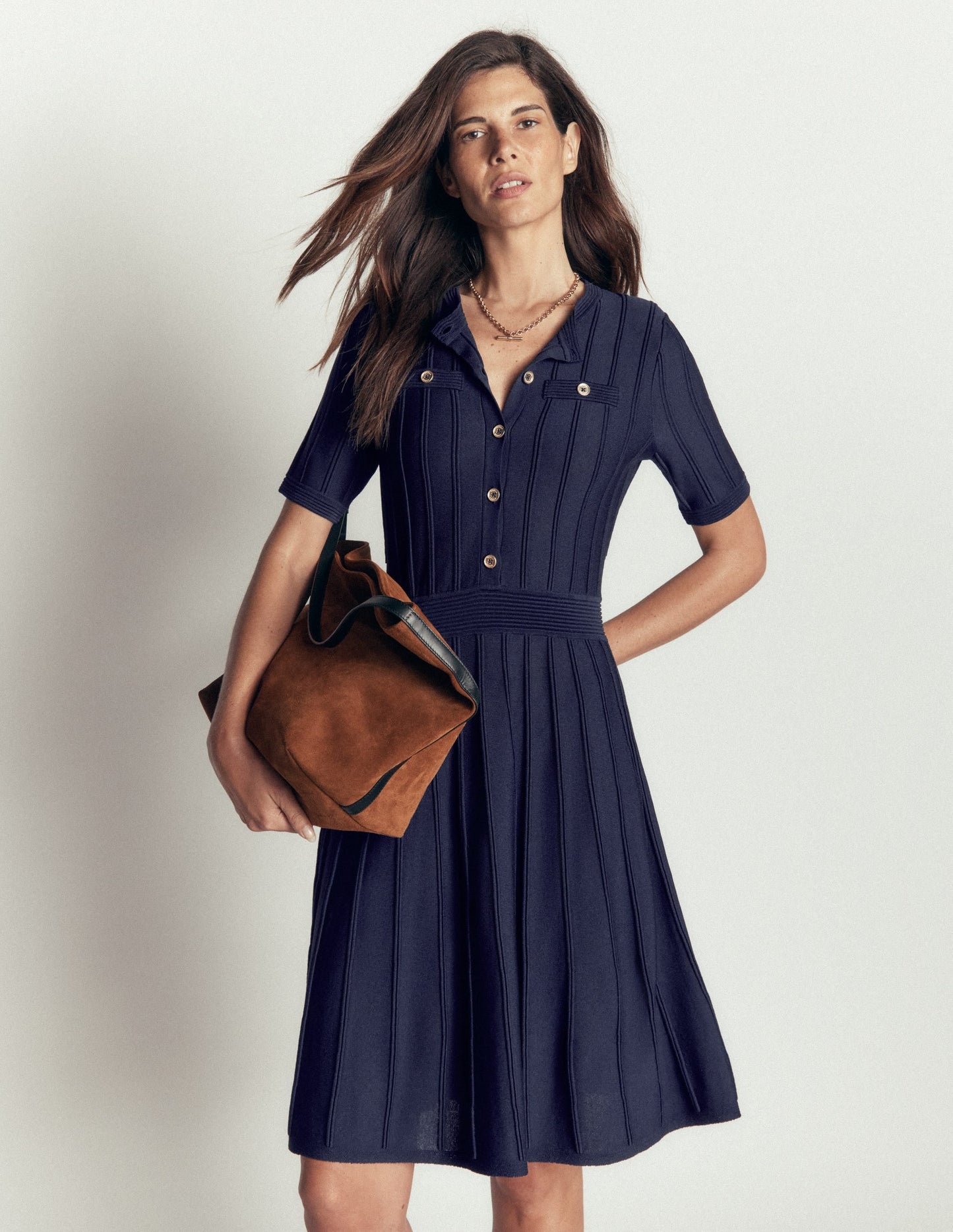 Button Front Stitch Dress-Navy