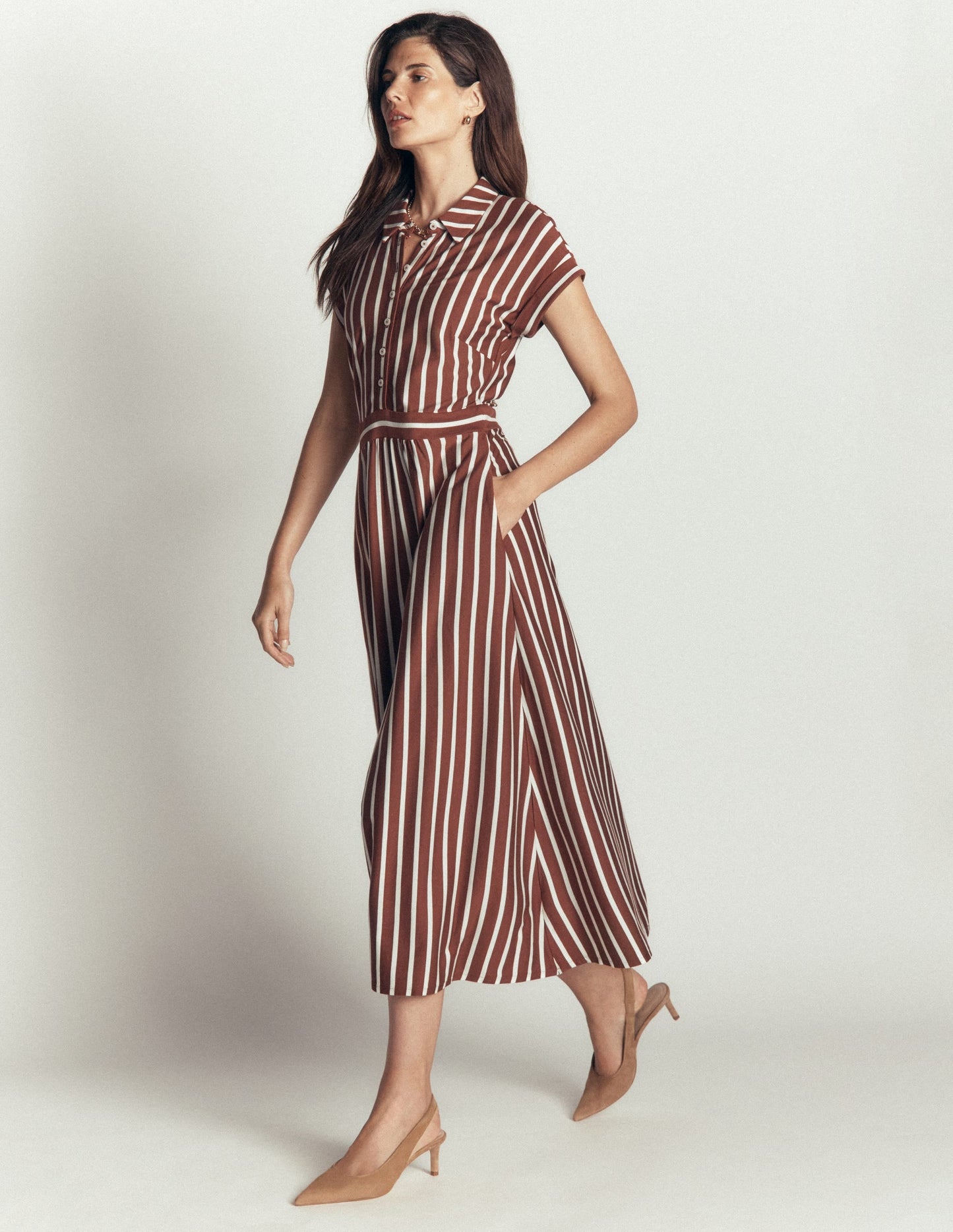 Fae Jersey Shirt Dress-Brown Stripe