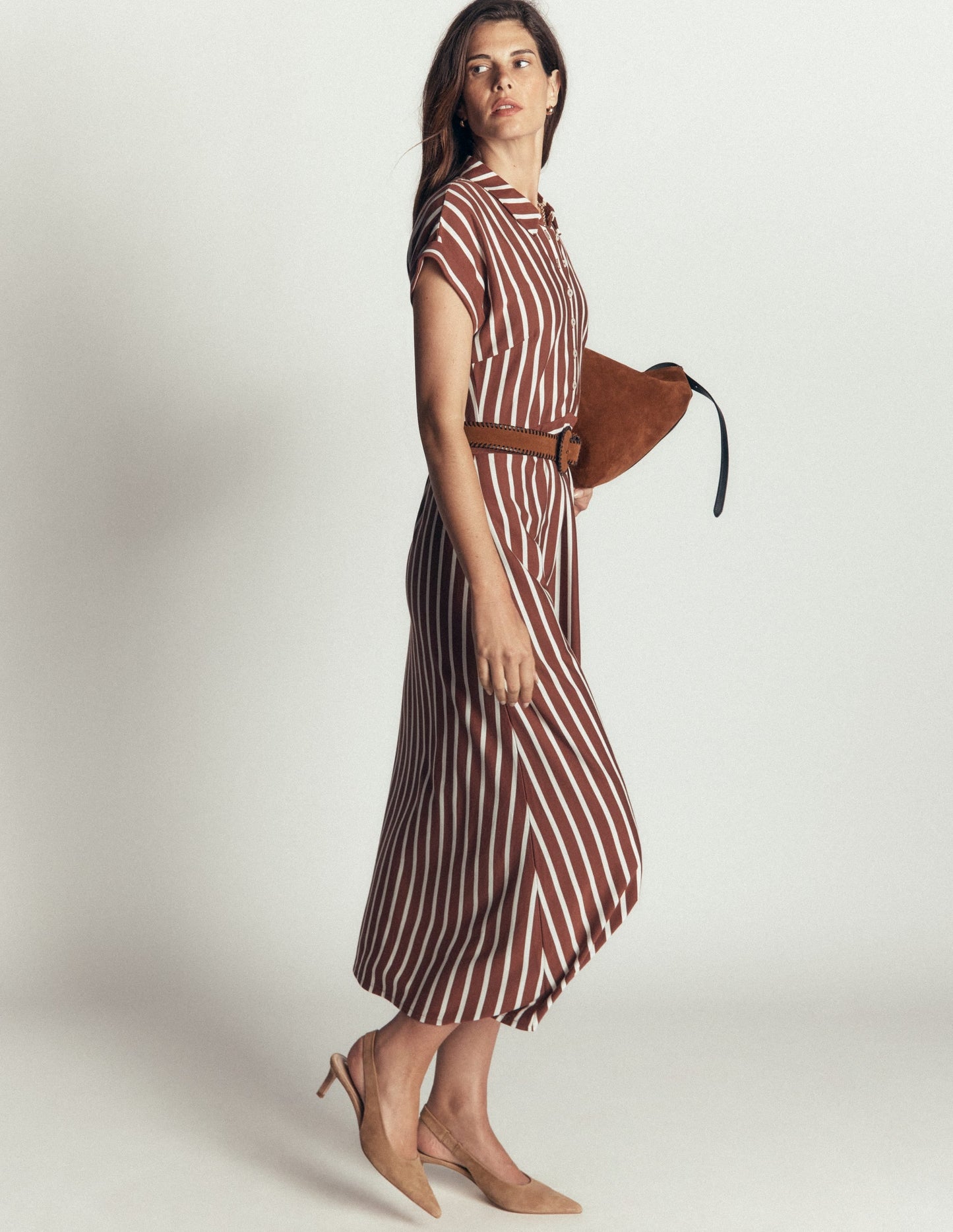Fae Jersey Shirt Dress-Brown Stripe