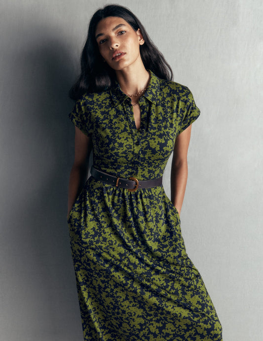 Fae Jersey Shirt Dress-Forest Green, Sprayed Leaf