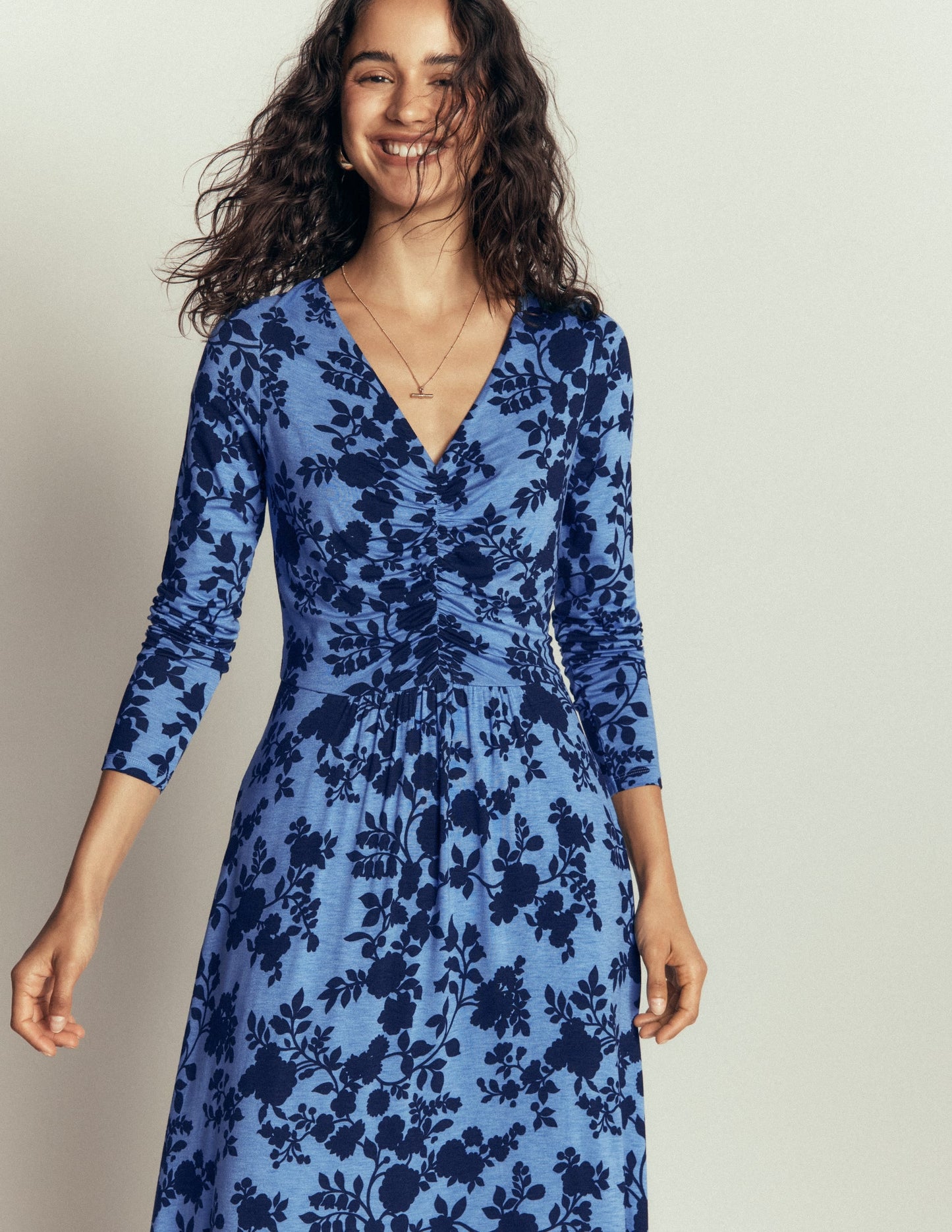 Jasmine Ruched Jersey Dress-Forget Me Not, Bouquet Breeze