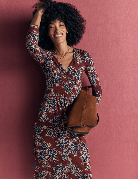 Jasmine Ruched Jersey Dress-Roasted Brown, Enchanted Peony