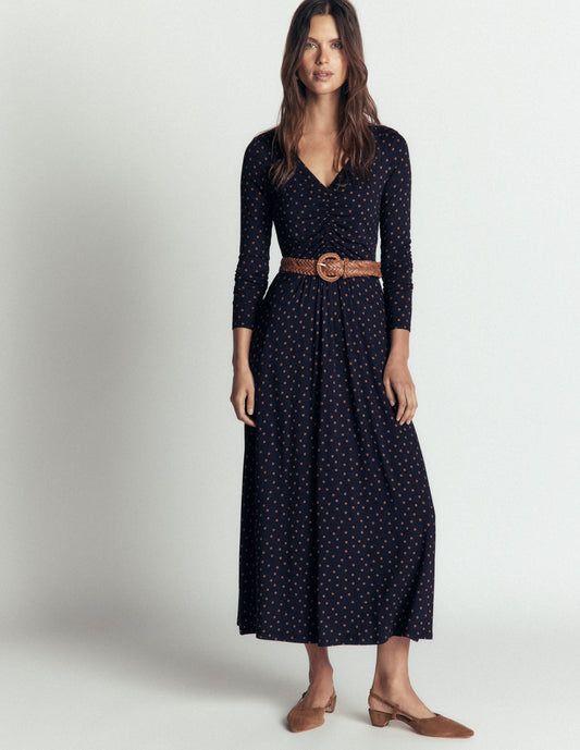 Jasmine Ruched Jersey Dress-French Navy, Painted Dot Space
