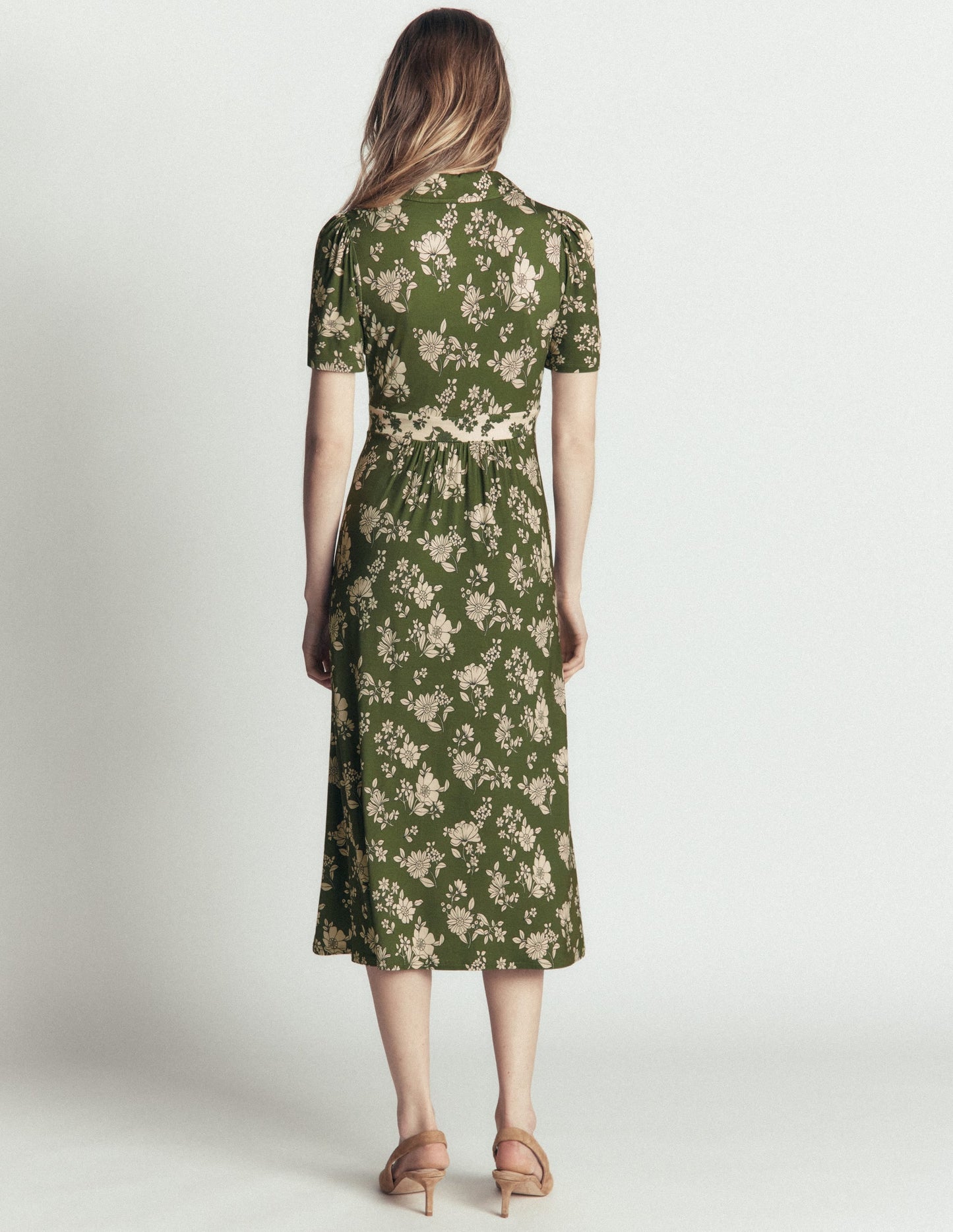 Heidi Jersey Midi Tea Dress-Olive, Floral Field Spaced