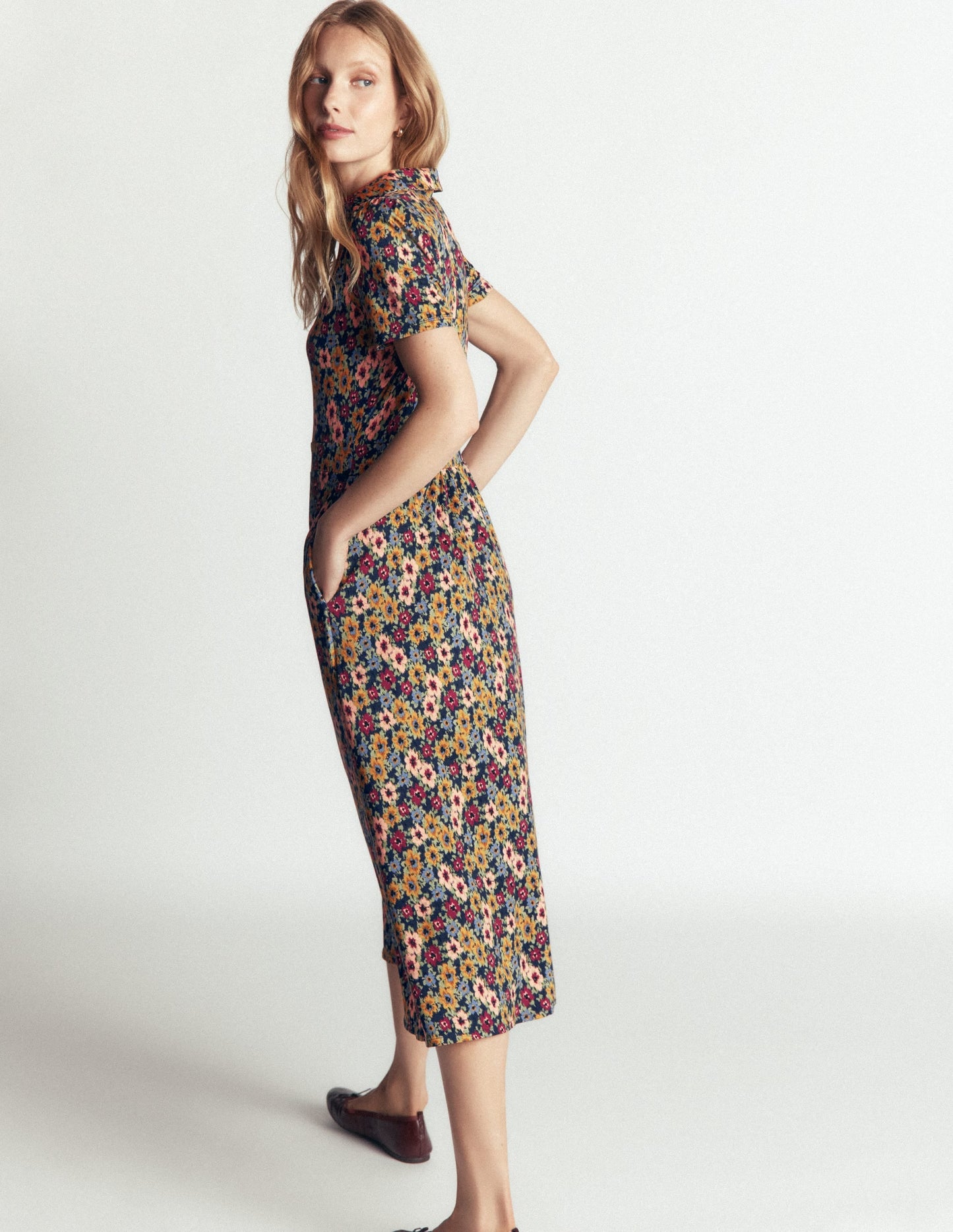 Heidi Jersey Midi Tea Dress-French Navy, Flecked Garden