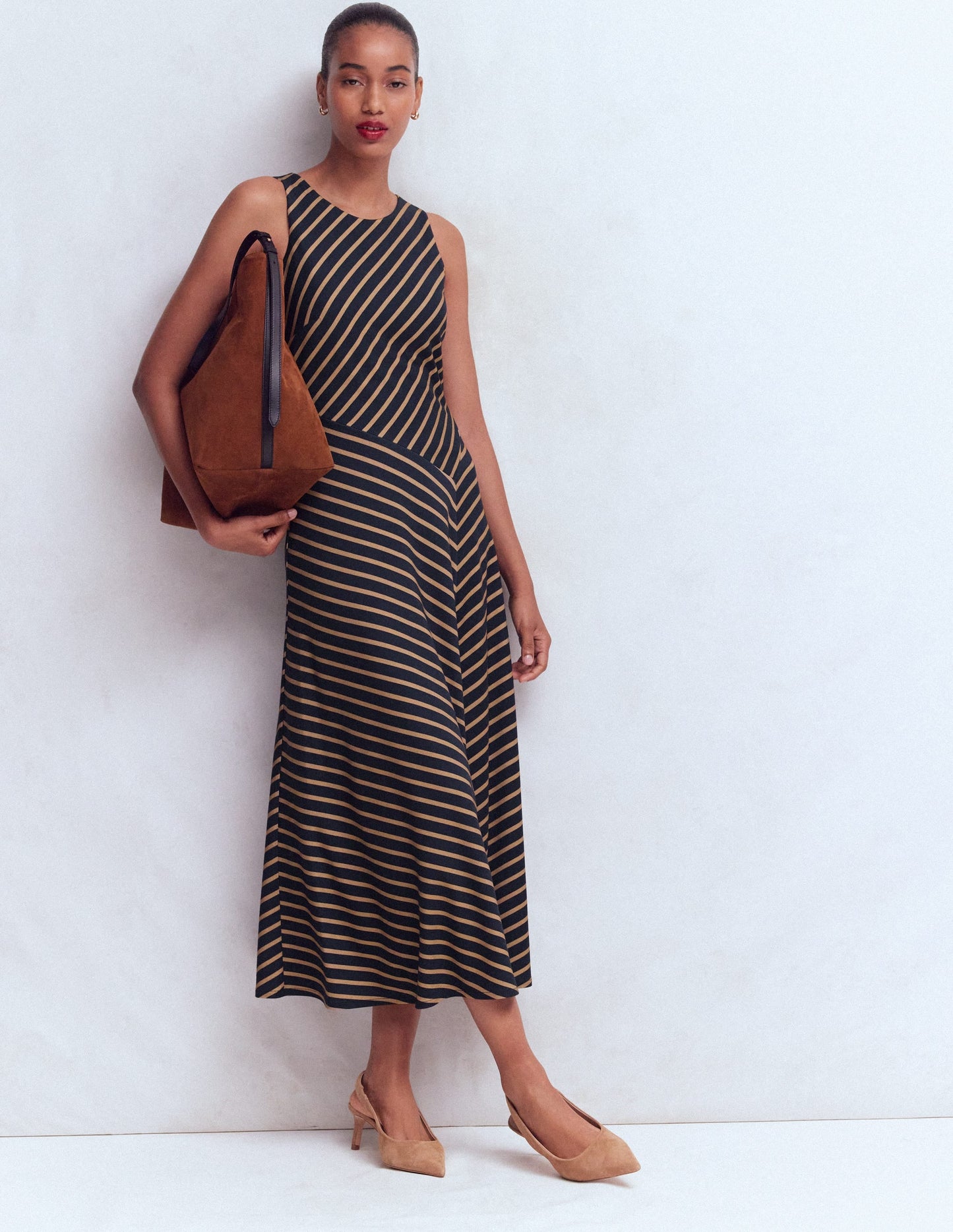 Asymetric Ponte Midi Dress-Navy and Camel Stripe