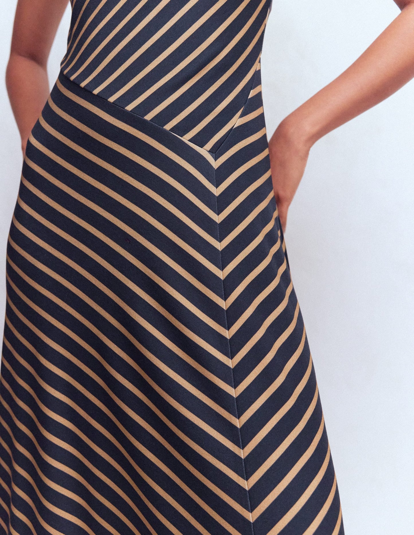 Asymetric Ponte Midi Dress-Navy and Camel Stripe