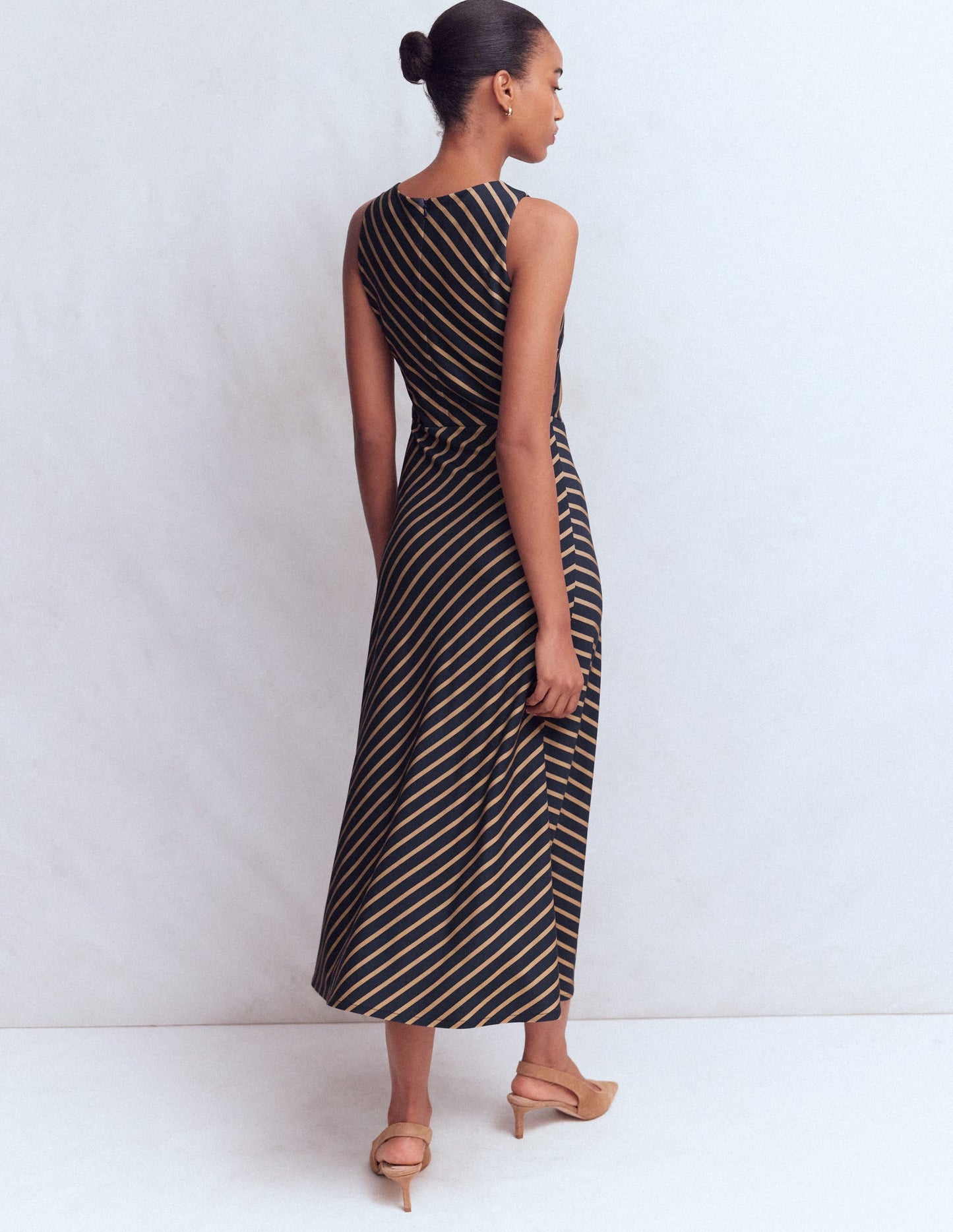 Asymetric Ponte Midi Dress-Navy and Camel Stripe