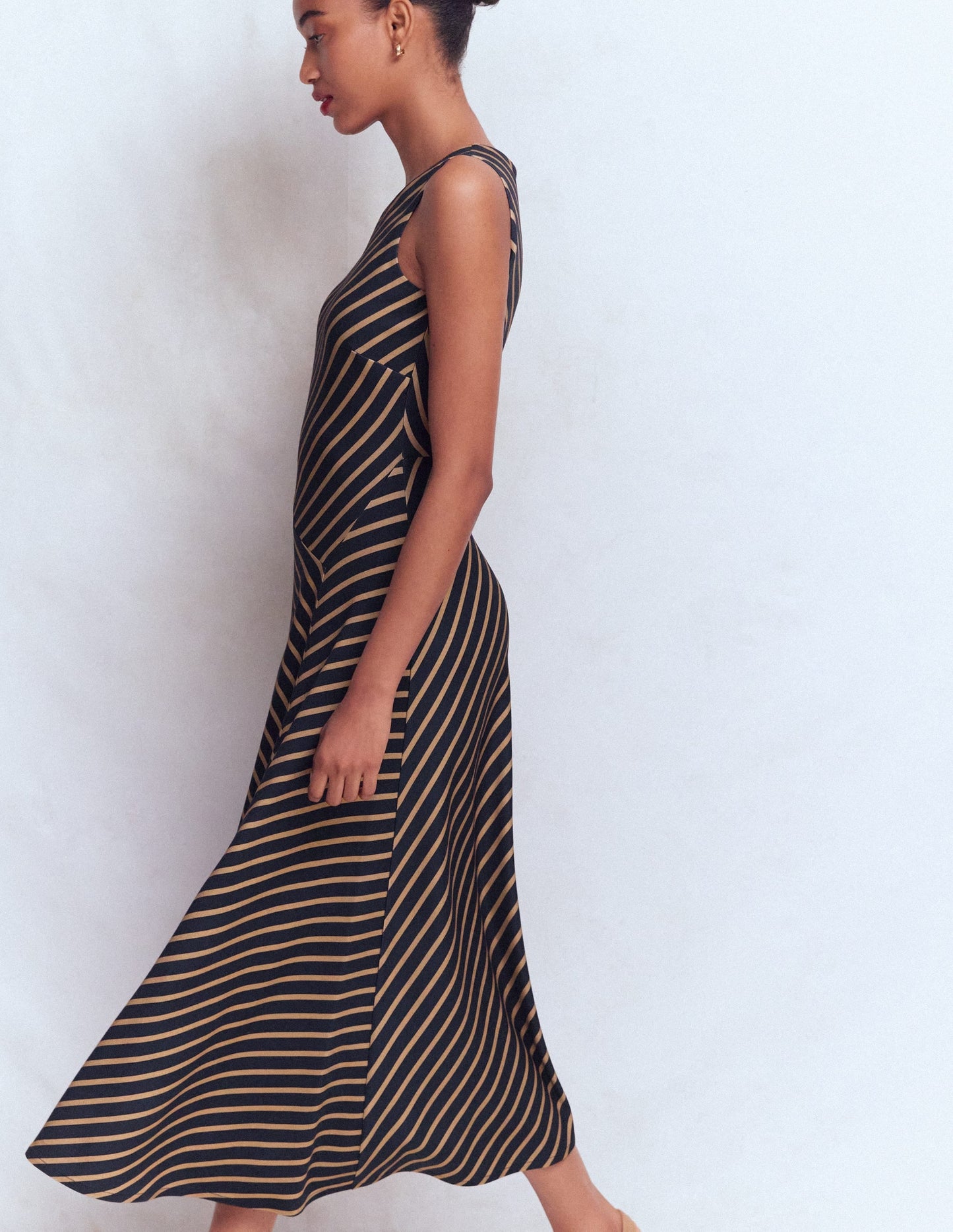 Asymetric Ponte Midi Dress-Navy and Camel Stripe