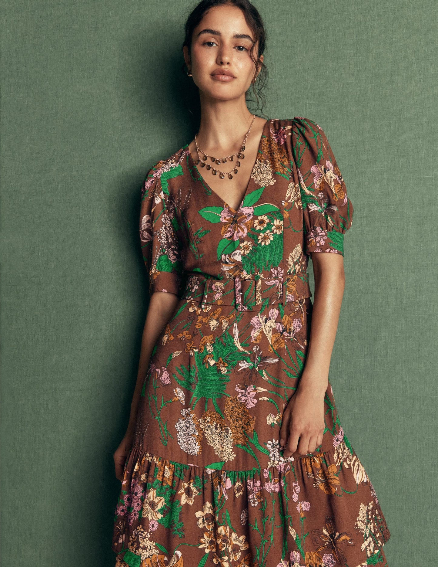 V Neck Layered Dress-Woodland, Whimsical Flora