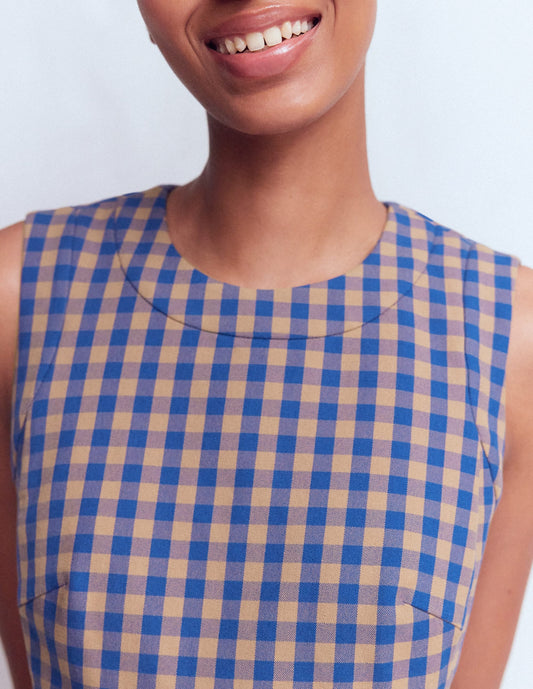 Lou Check Shift Dress-Camel, Blue Gingham