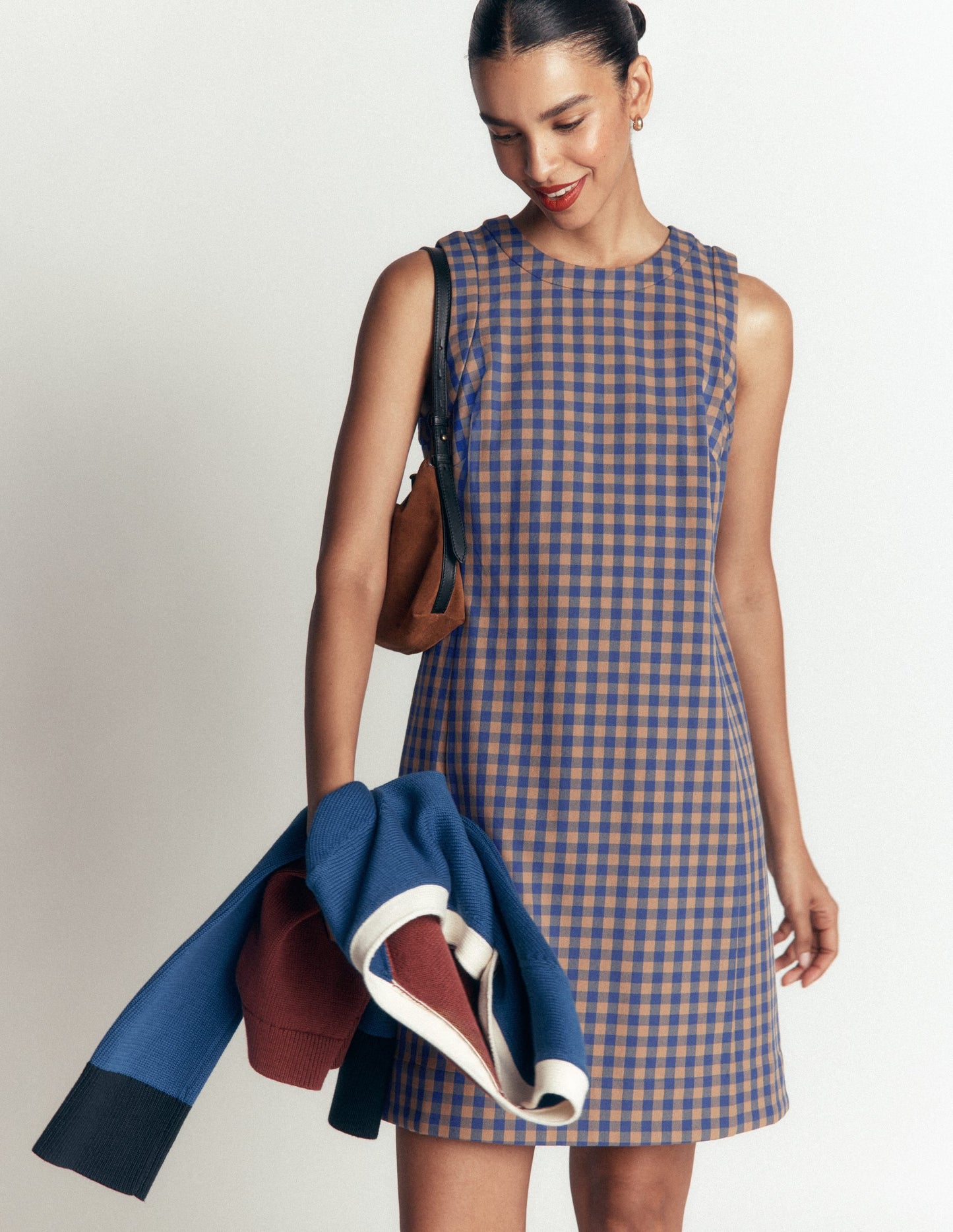Lou Check Shift Dress-Camel, Blue Gingham