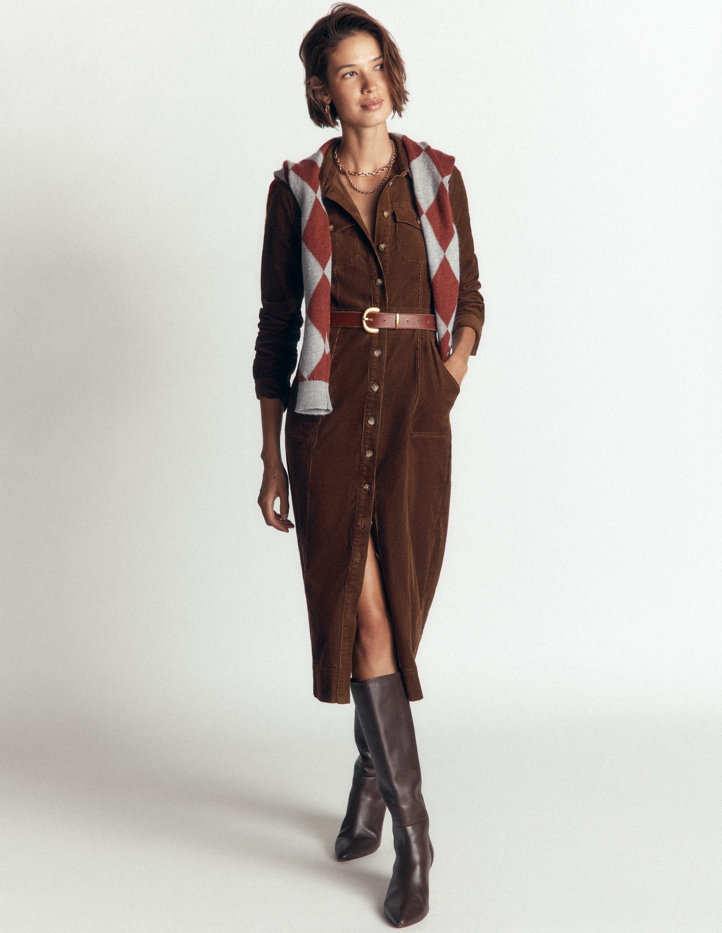 Fleur Cord Midi Dress-Raw Umber