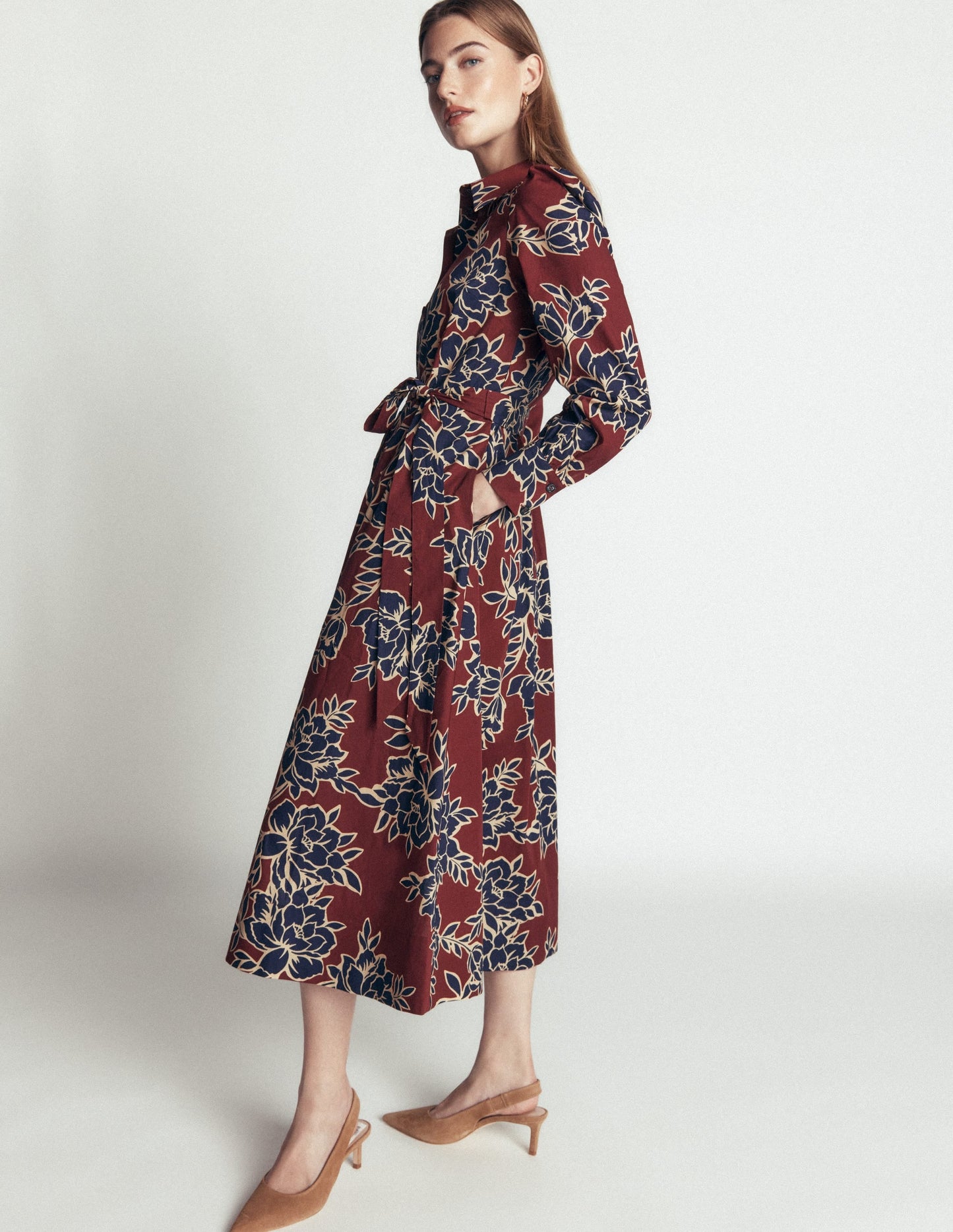 Maeve Cotton Midi Shirt Dress-Brown, Enchanted Peony Large