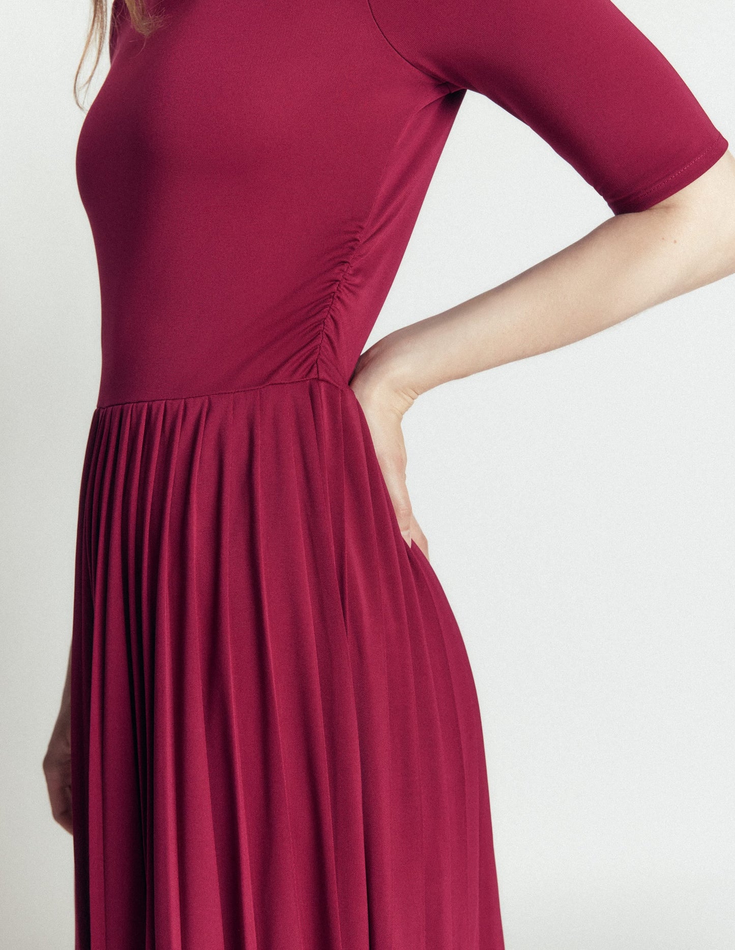 Pleated Jersey Midi Dress-Beetroot Red