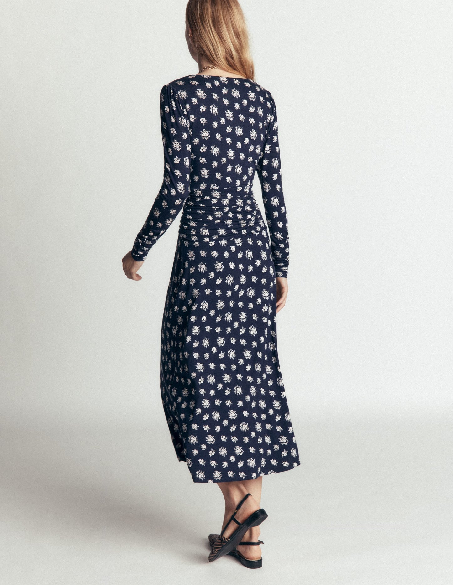 Mya Ruched Jersey Midi Dress-French Navy, Delicate Garden