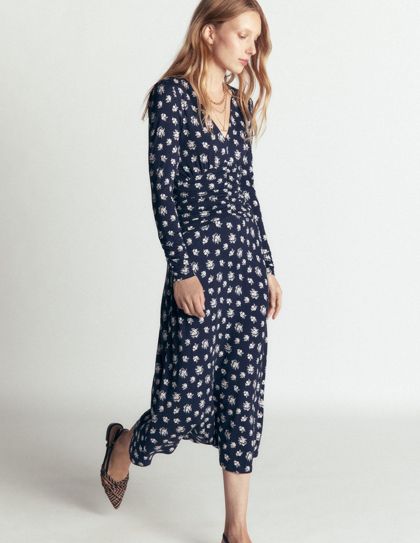 Mya Ruched Jersey Midi Dress-French Navy, Delicate Garden
