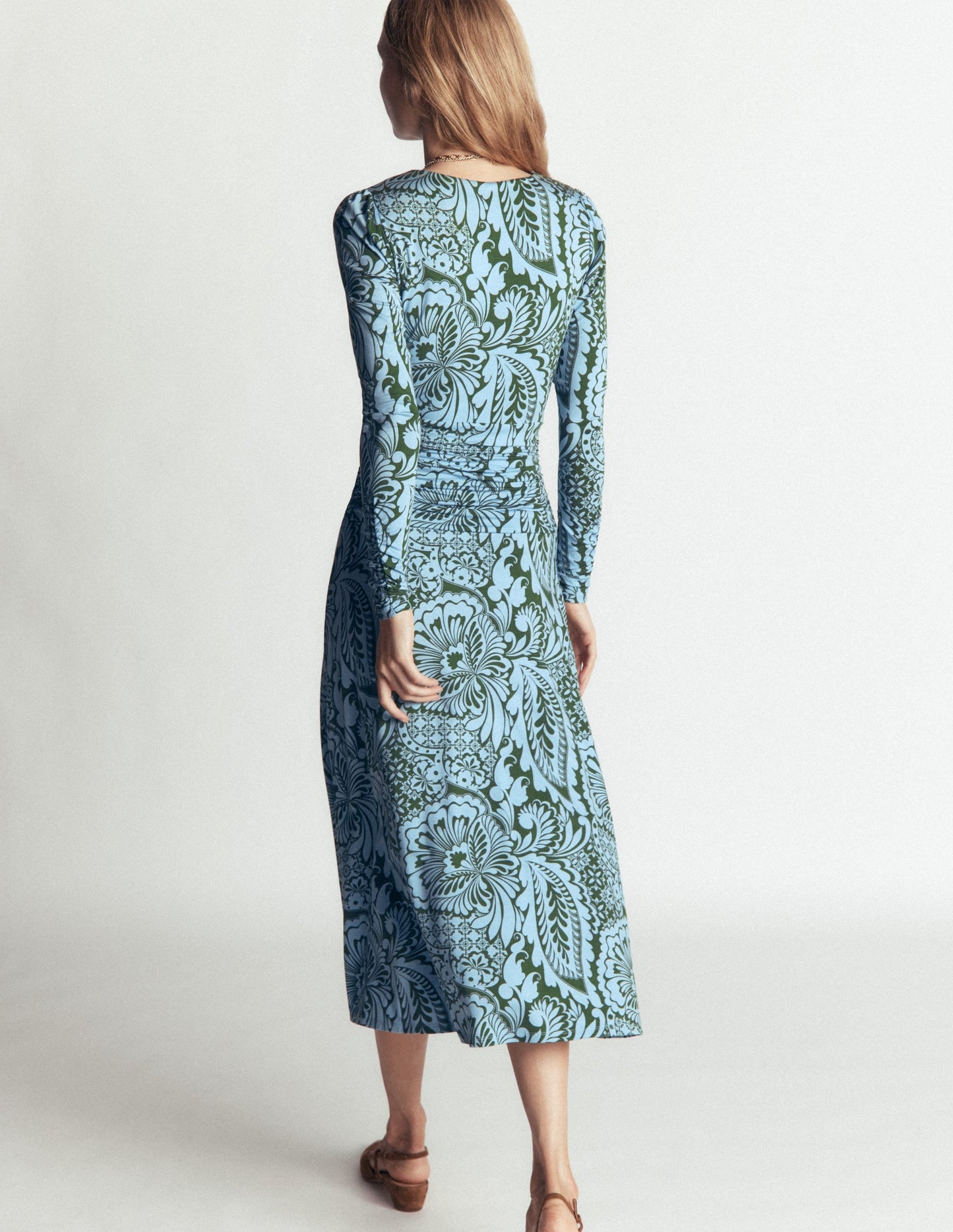 Mya Ruched Jersey Midi Dress-Forest Green, Botanical Medley