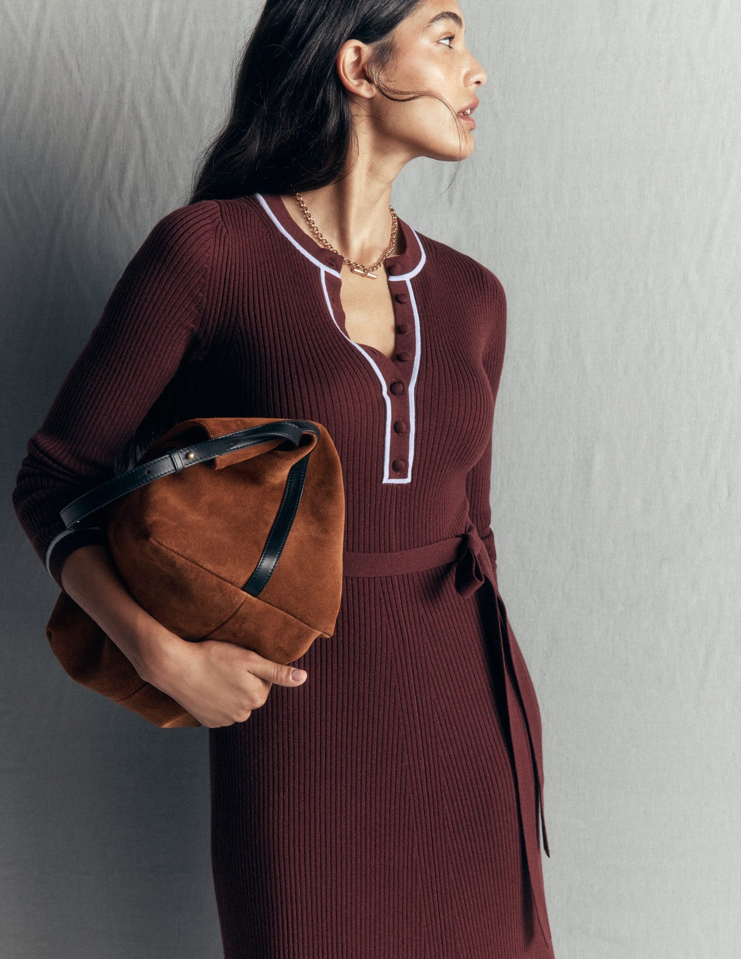 Paula Ribbed Crew Dress-Raw Umber, Faded Denim