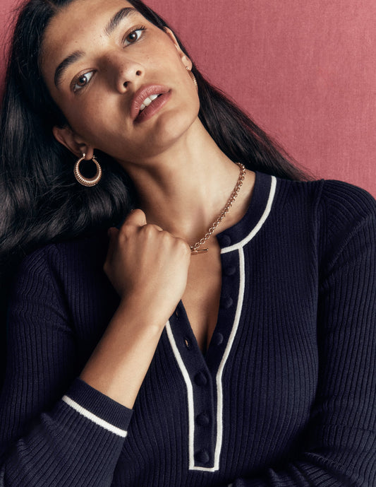 Paula Ribbed Crew Dress-Navy, Warm Ivory
