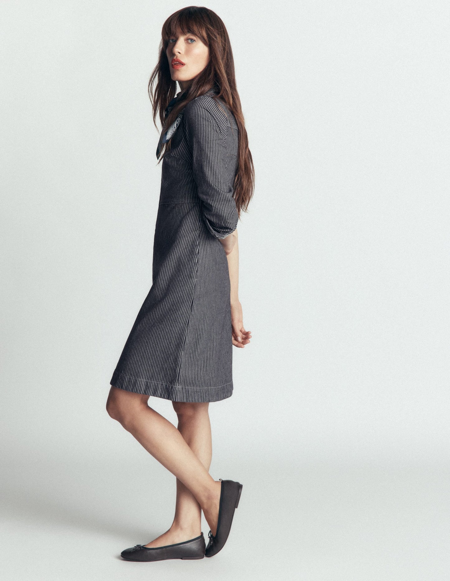 Bronte Denim Short Dress-Fine Denim Ticking Stripe