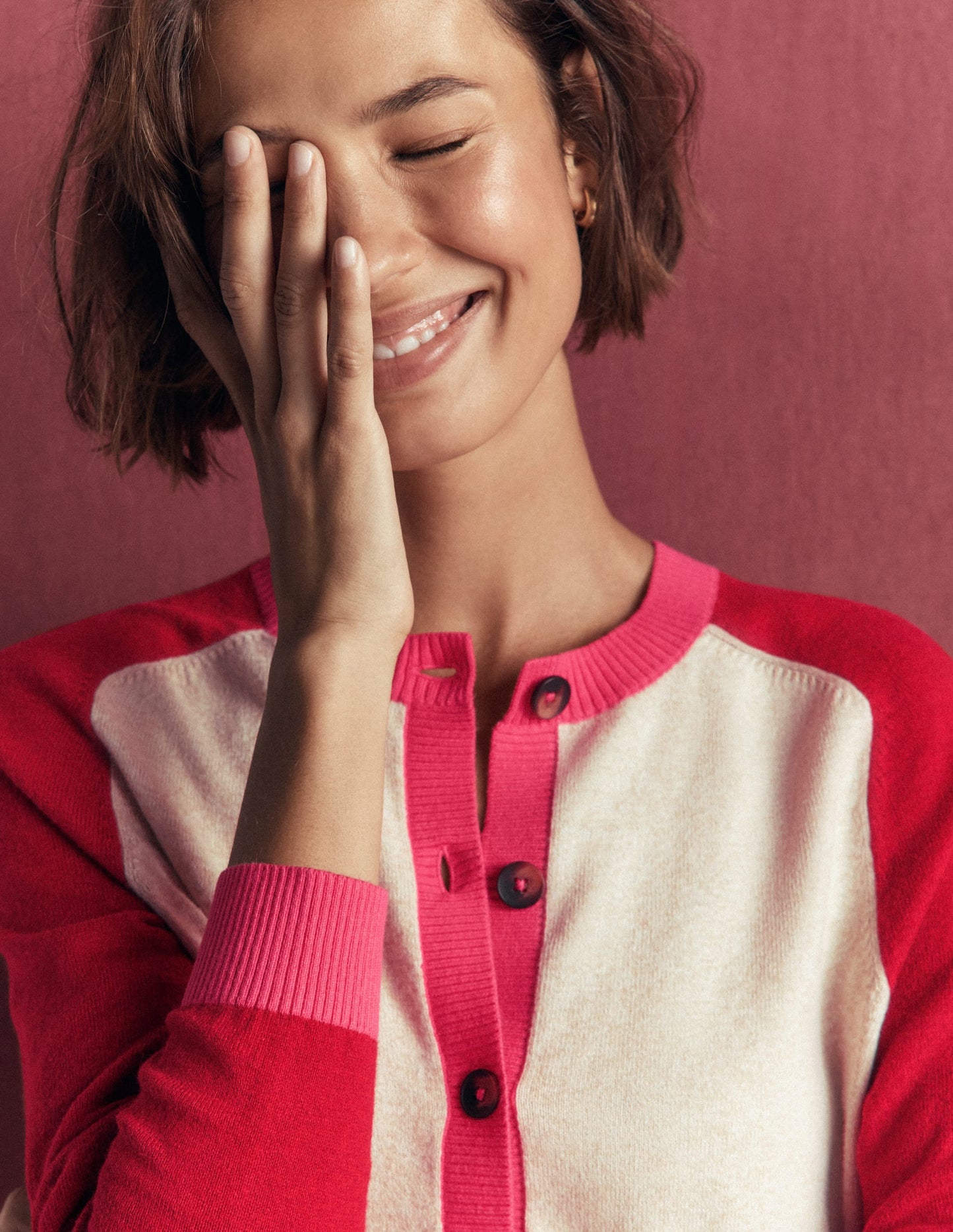 Meg Raglan Sleeve Cardigan-Pink, Ivory colour block