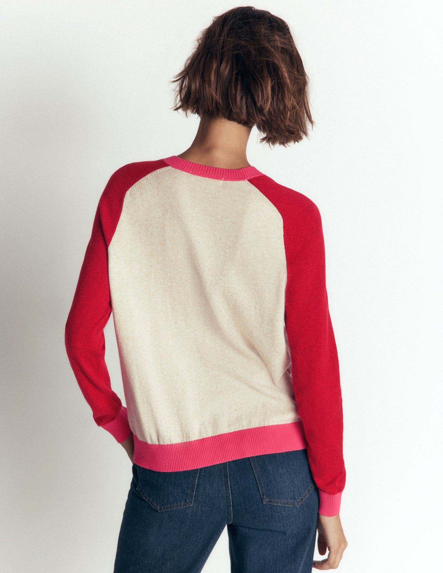 Meg Raglan Sleeve Cardigan-Pink, Ivory colour block