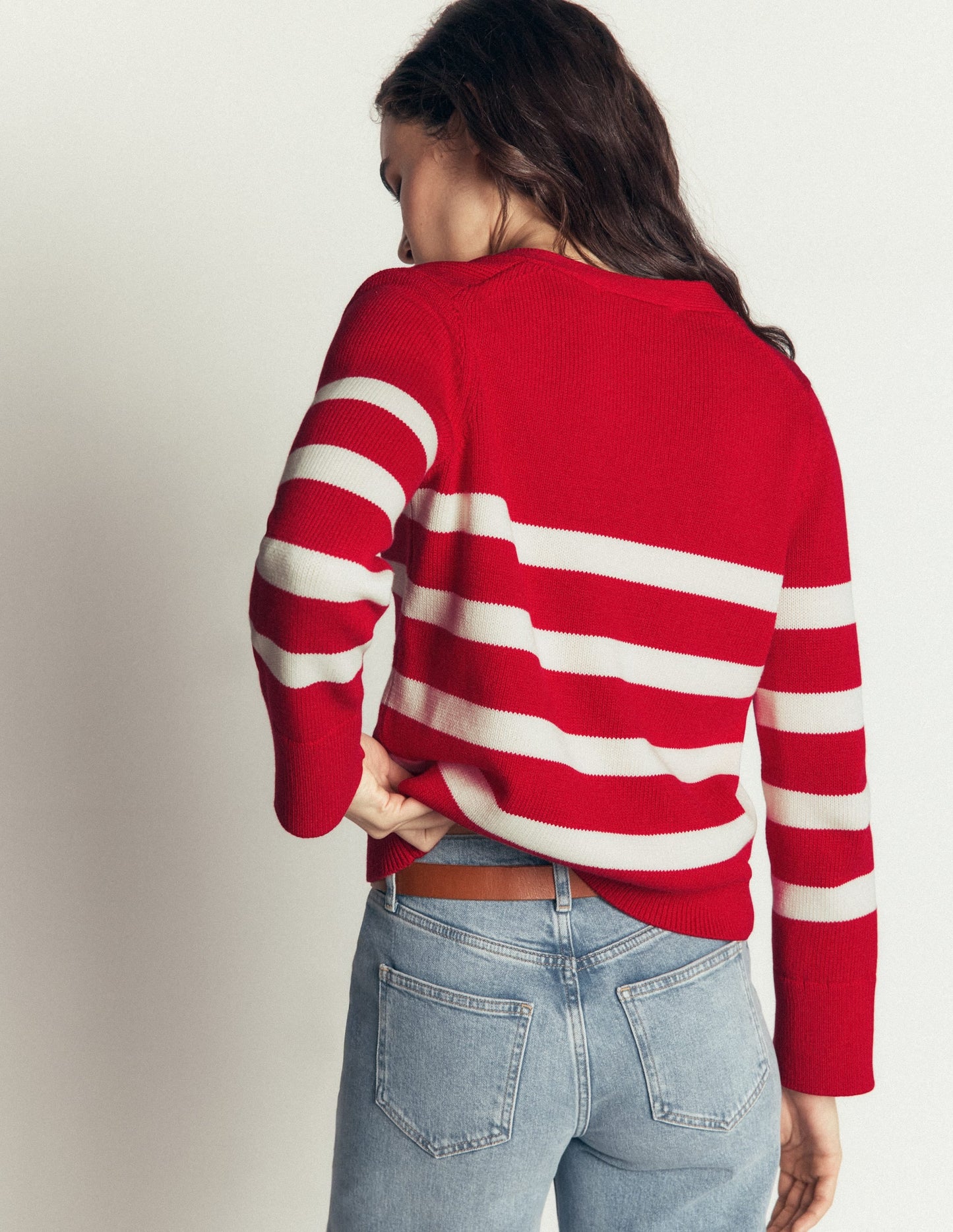 Lucy Relaxed Cotton Cardigan-Deep Red, Ivory Stripe