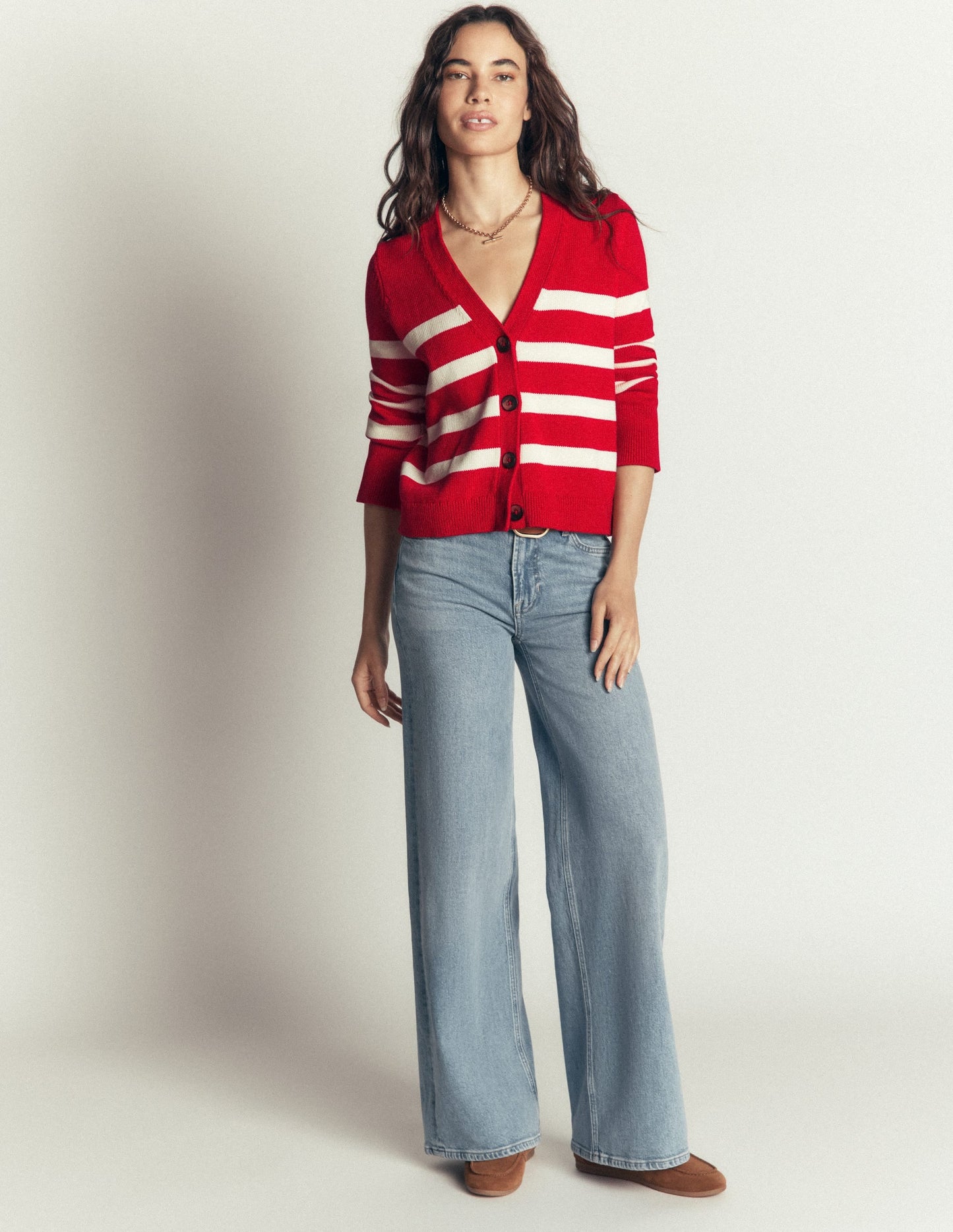 Lucy Relaxed Cotton Cardigan-Deep Red, Ivory Stripe