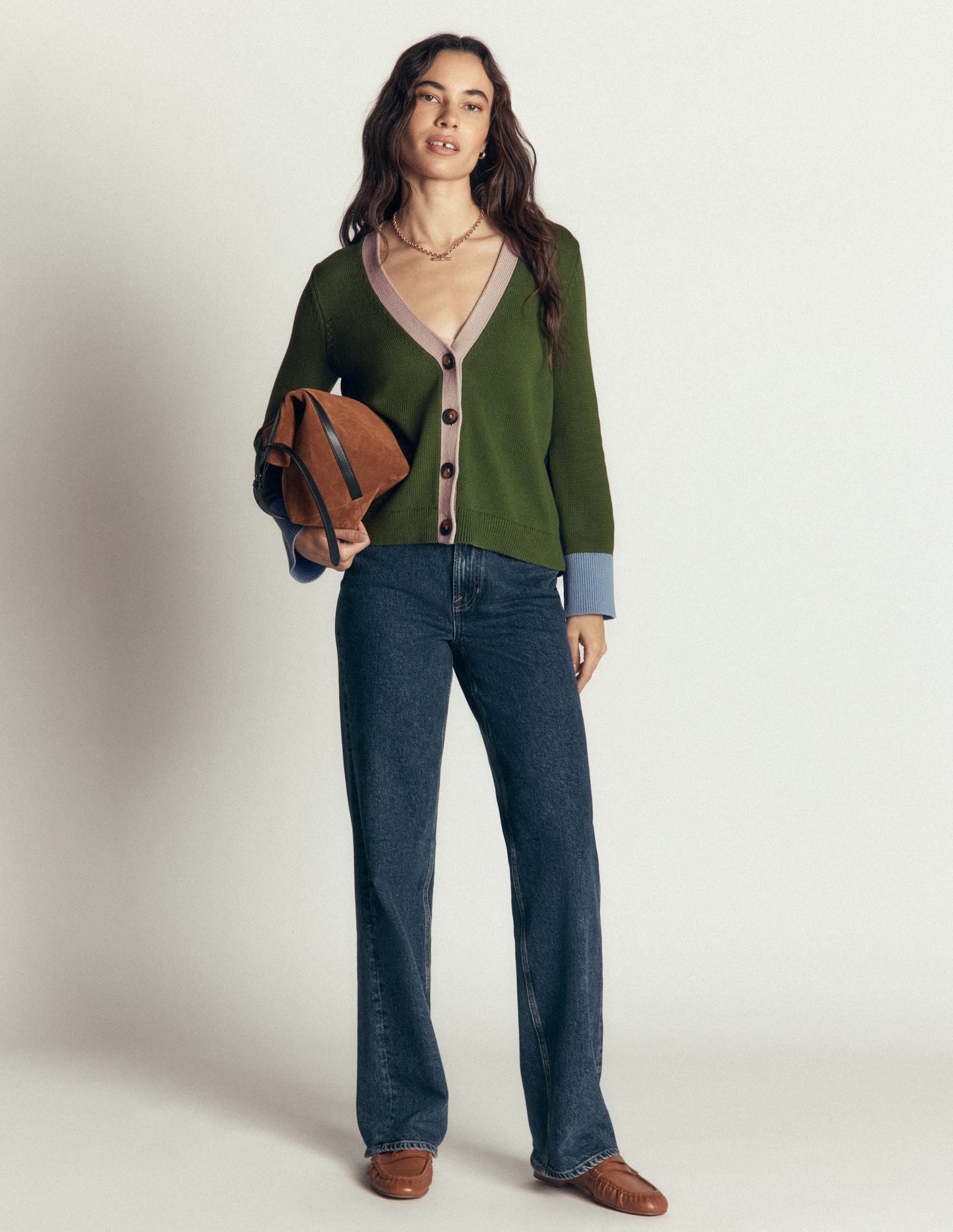 Lucy Relaxed Cotton Cardigan-Forest Green Colour Block