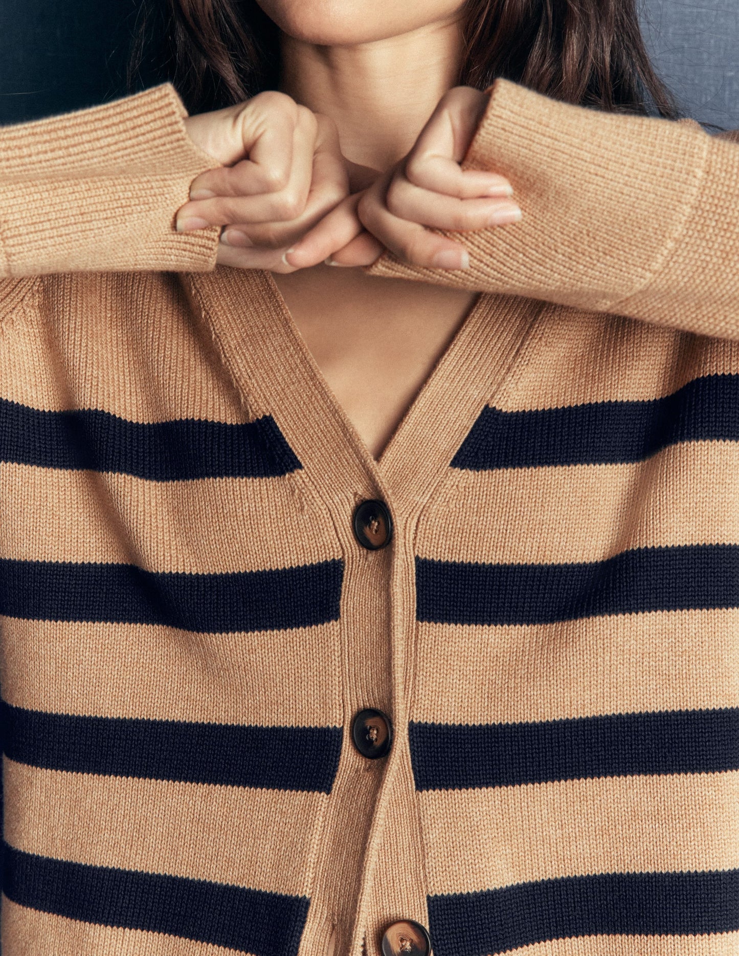 Lucy Relaxed Cotton Cardigan-Camel Melange, Stripe