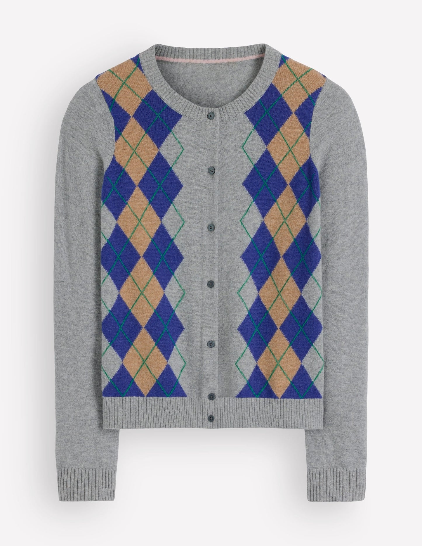 Elsie Cashmere Crew Cardigan-Grey Argyle