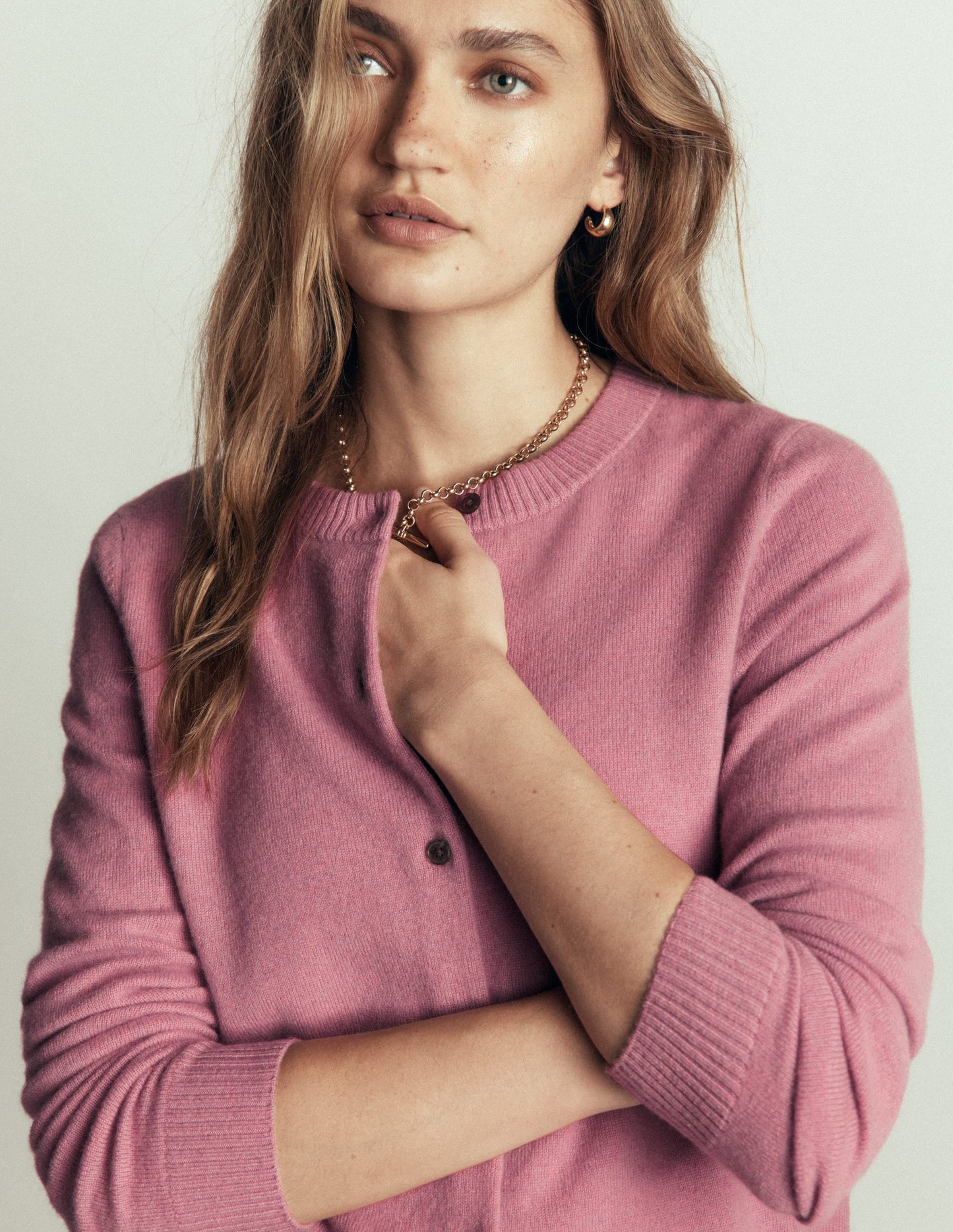 Elsie Cashmere Crew Cardigan-Pink Heather