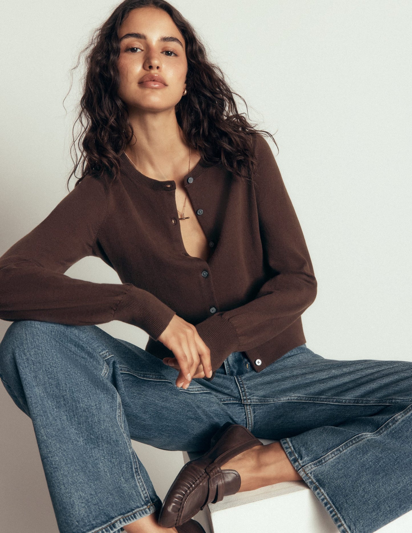 Camilla Cotton Crew Cardigan-Bitter Chocolate