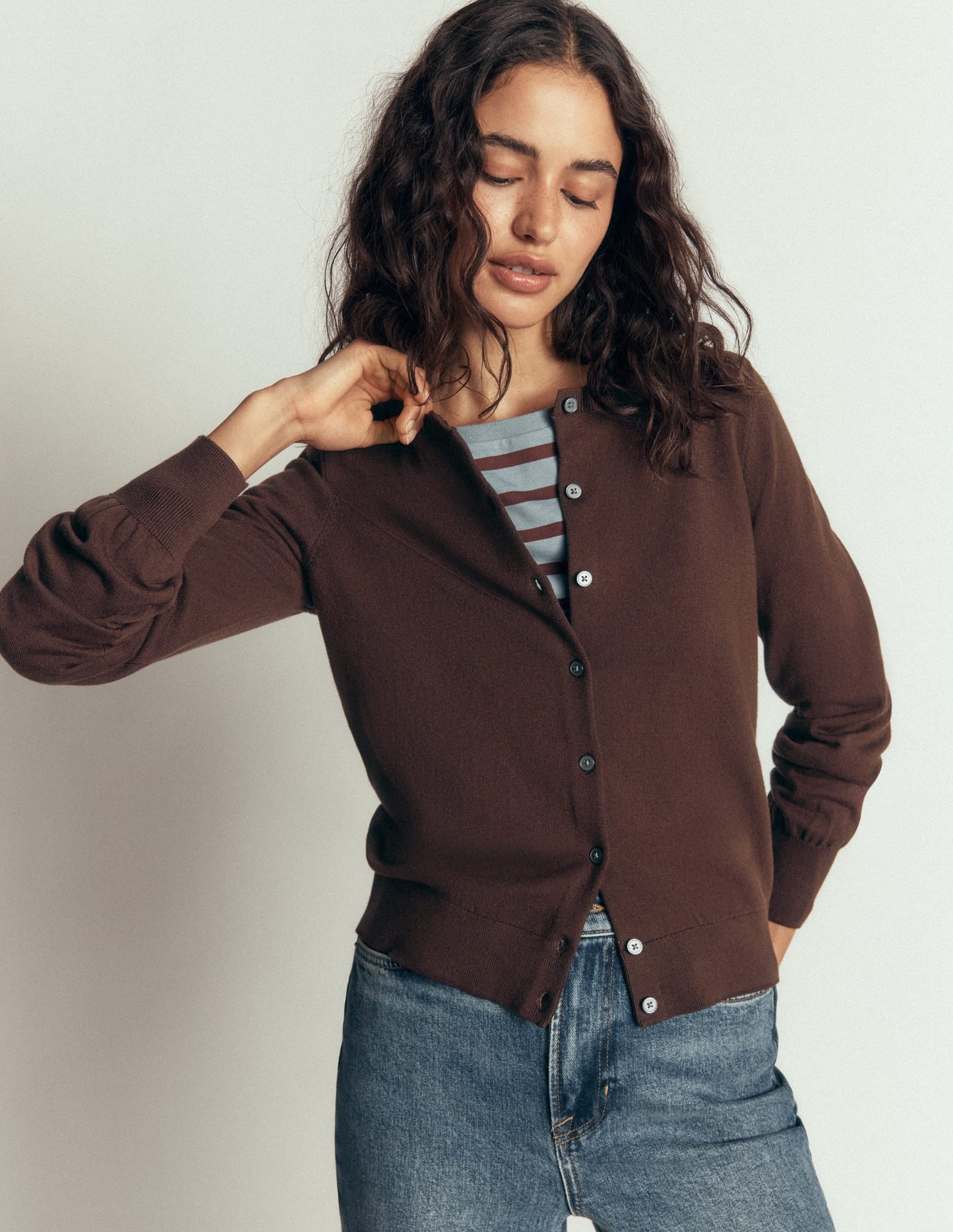 Camilla Cotton Crew Cardigan-Bitter Chocolate