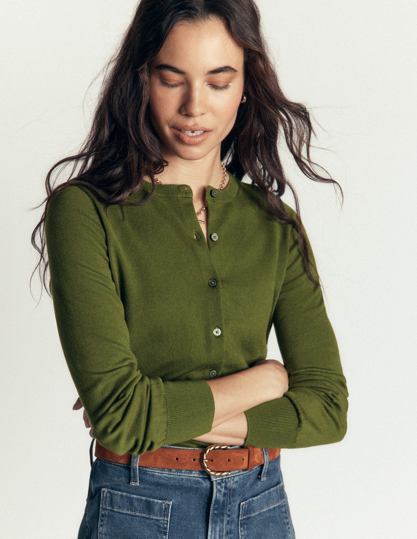 Camilla Cotton Crew Cardigan-Forest Green