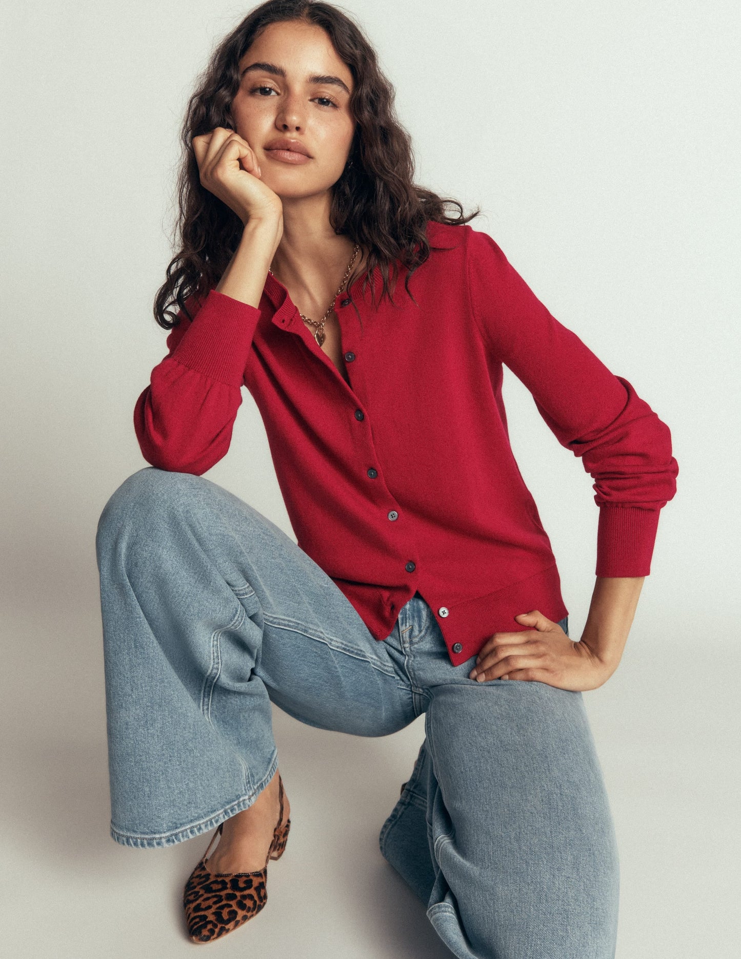 Camilla Cotton Crew Cardigan-Crimson Red