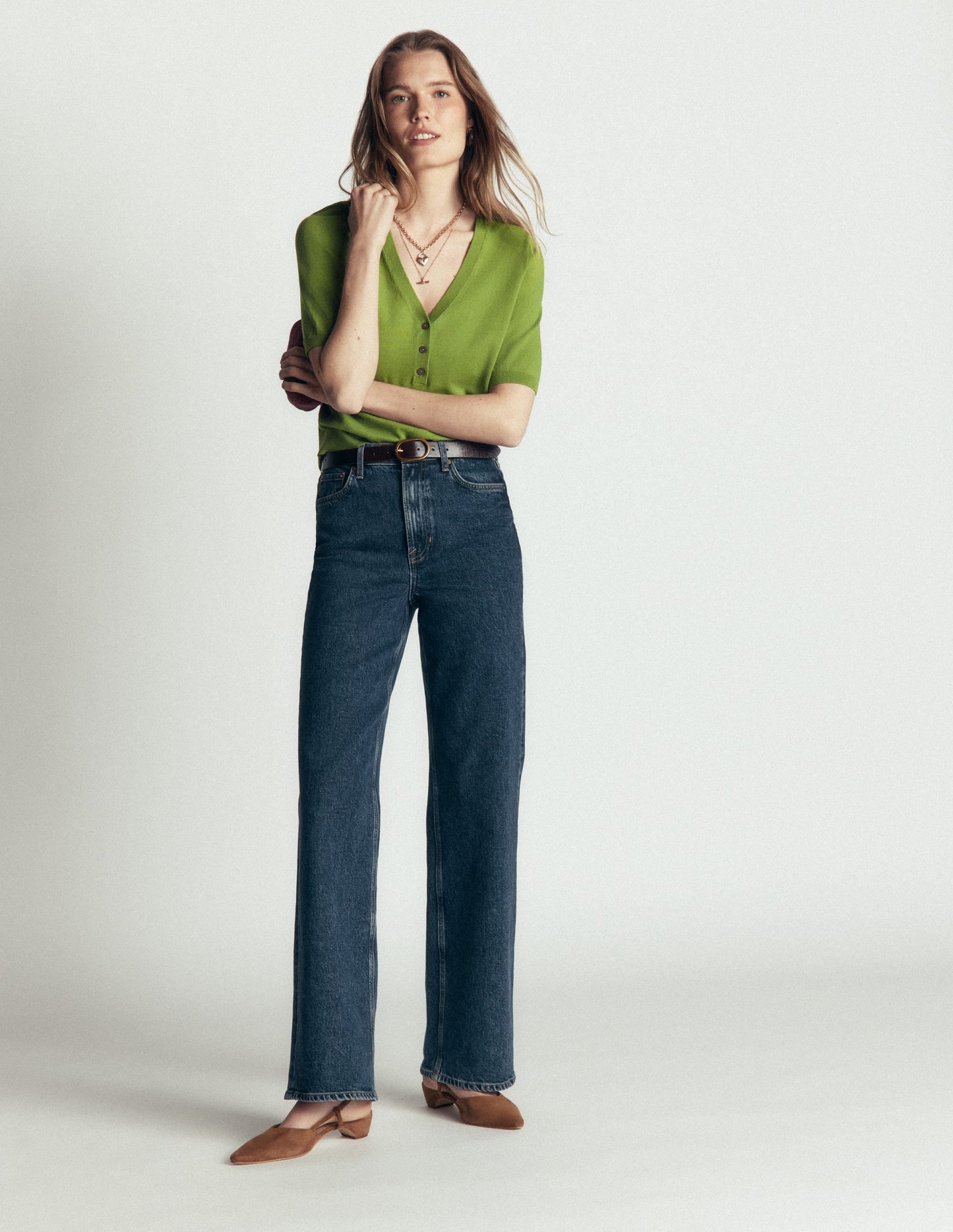 Camilla Cotton V-neck T-shirt-Laurel Green