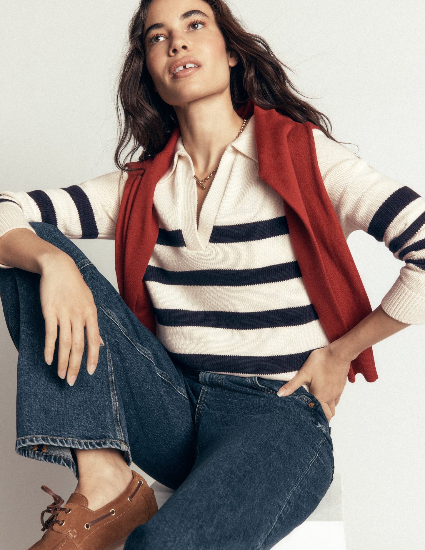 Lucy Cotton Henley Jumper-Ivory, Navy Stripe