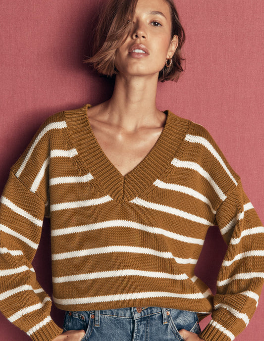 Lucy Cotton V-neck Jumper-Gingerbread, Ivory
